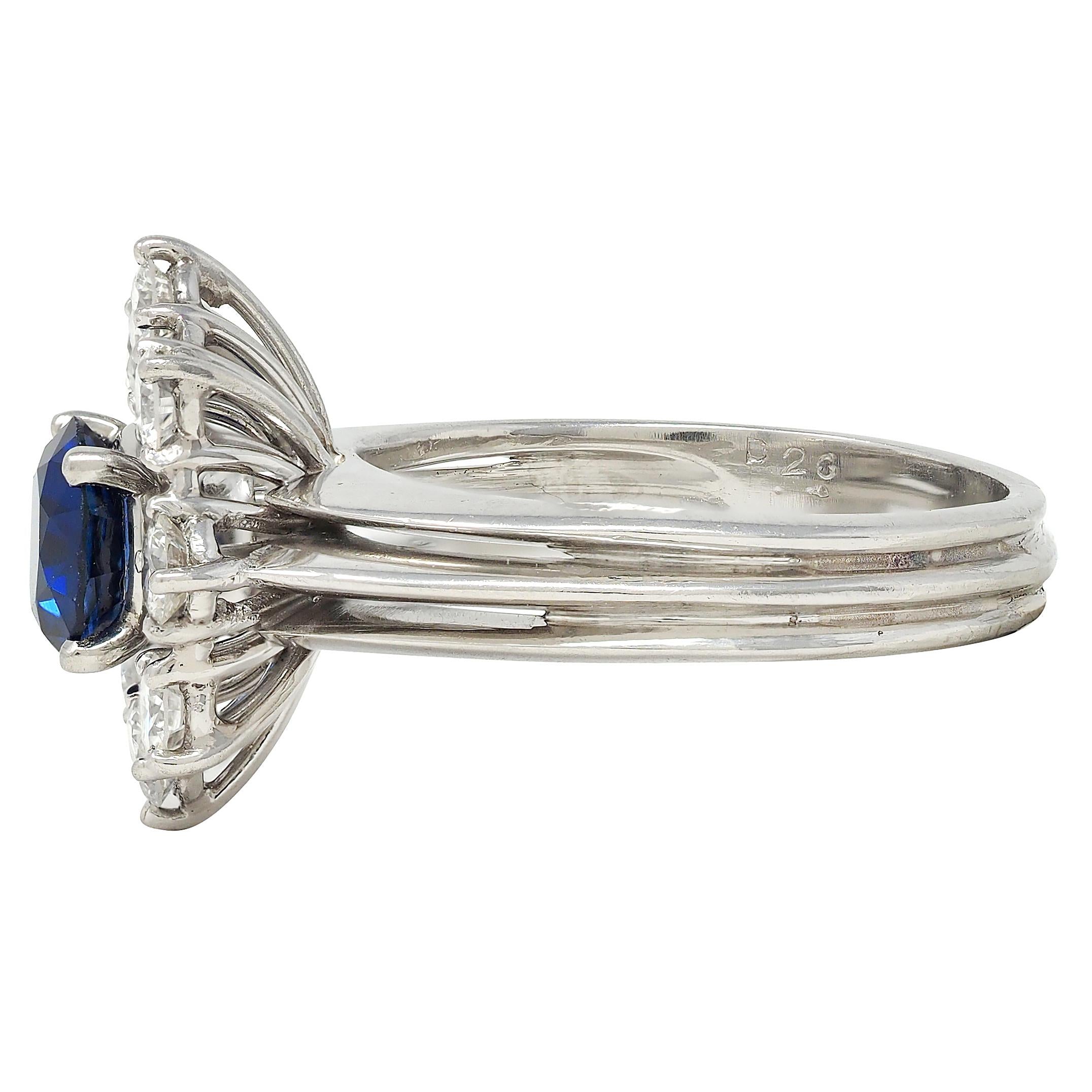 Mid-Century 1.30 CTW Sapphire Diamond Platinum Vintage Halo Ring