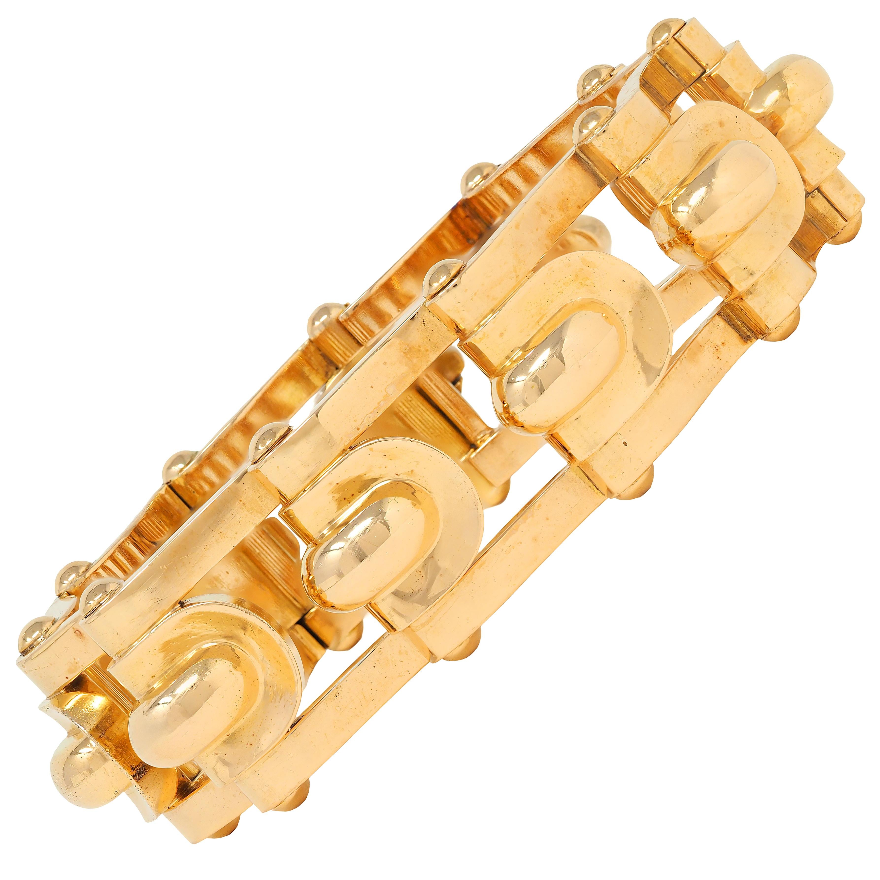 French Late Art Deco 18 Karat Yellow Gold Hinged Geometric Link Vintage Bracelet