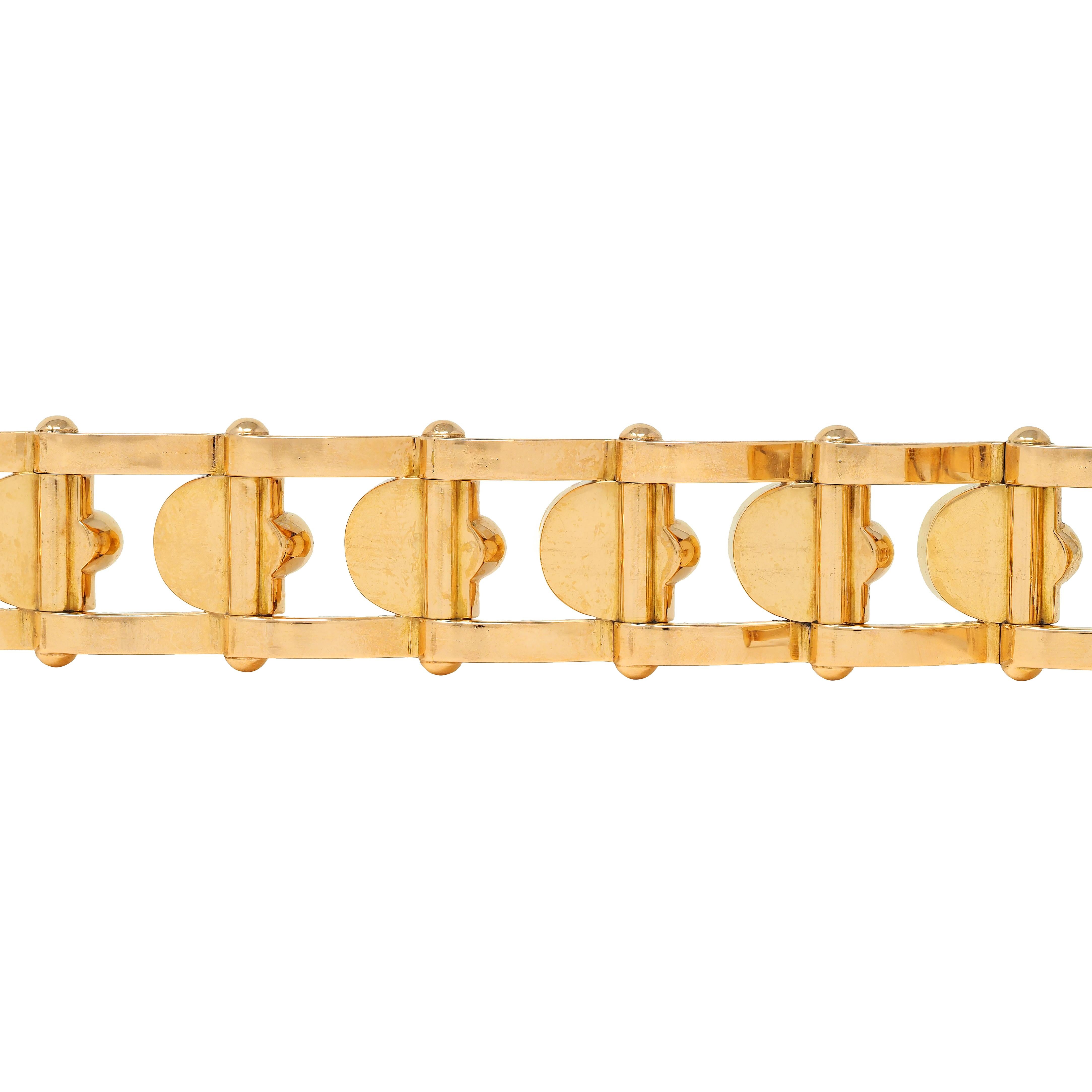 French Late Art Deco 18 Karat Yellow Gold Hinged Geometric Link Vintage Bracelet