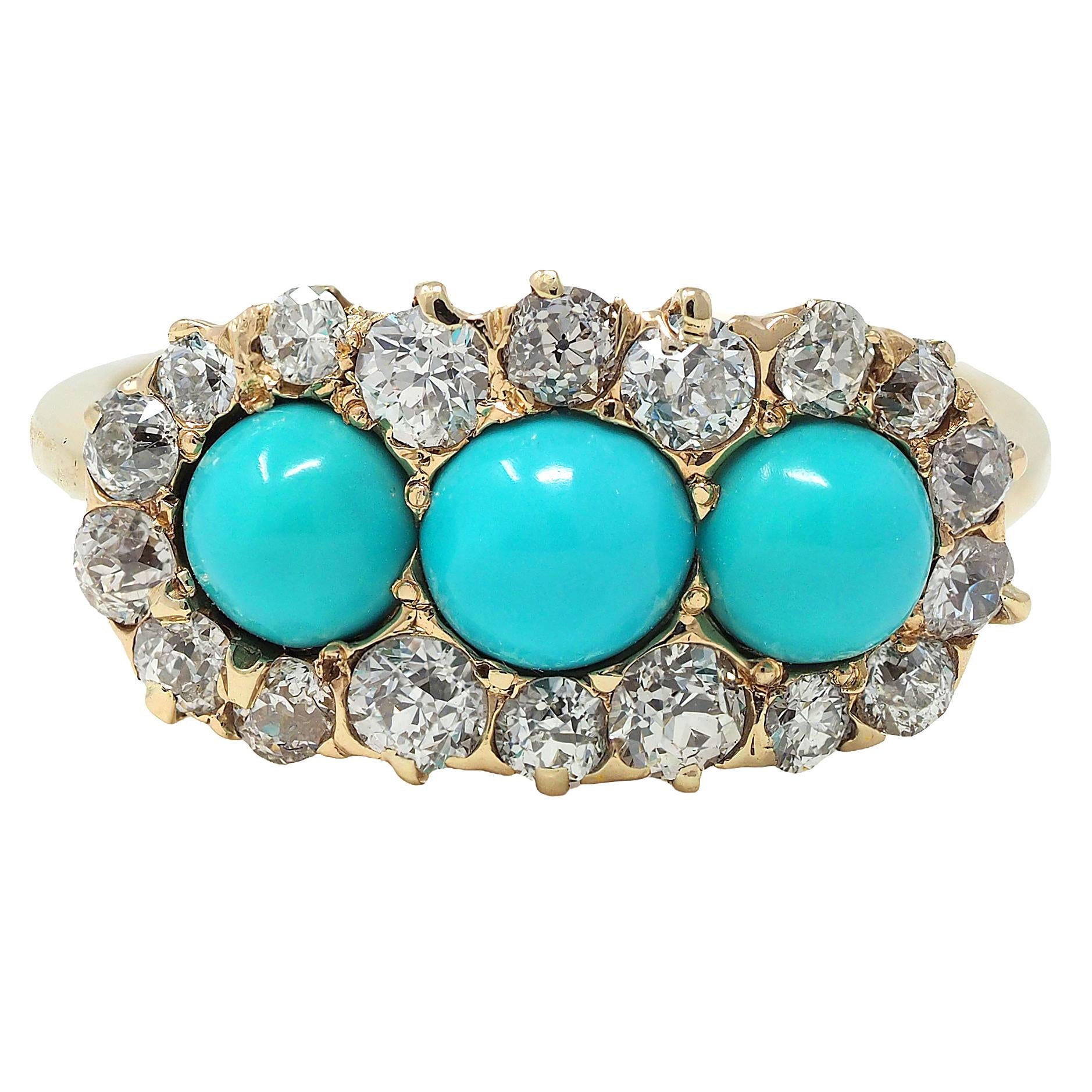 Victorian Diamond Turquoise Cabochon 14K Yellow Gold Antique Cluster Band Ring