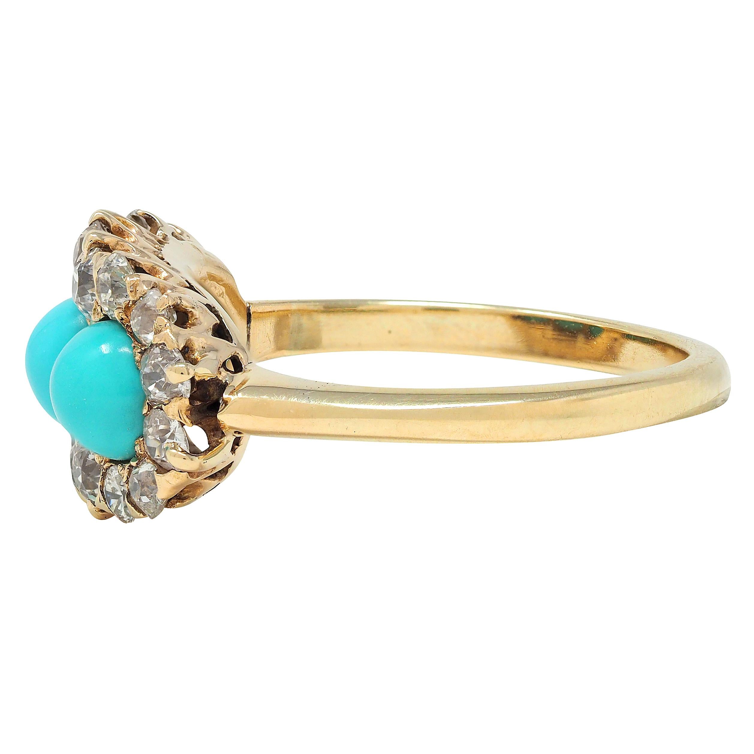 Victorian Diamond Turquoise Cabochon 14K Yellow Gold Antique Cluster Band Ring