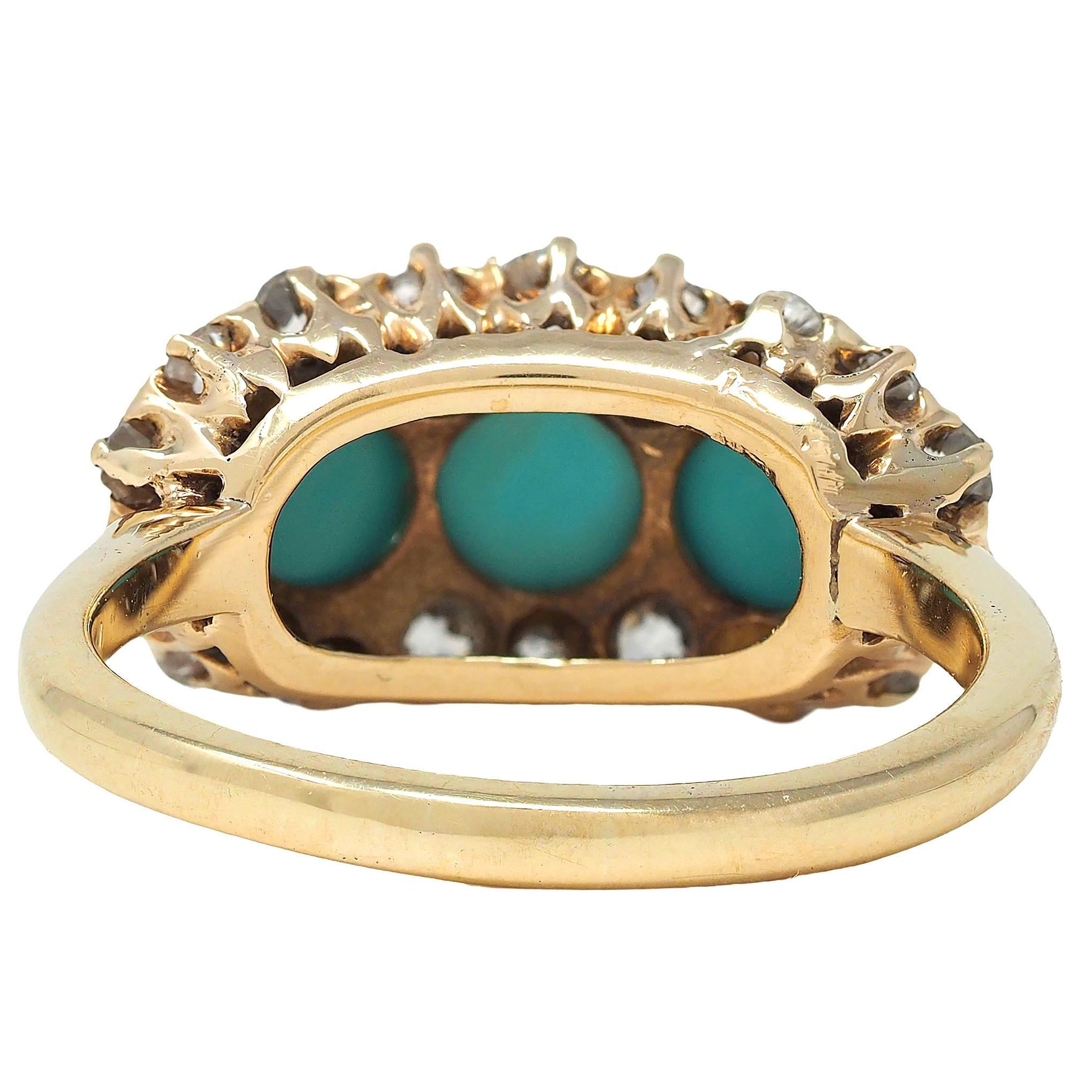 Victorian Diamond Turquoise Cabochon 14K Yellow Gold Antique Cluster Band Ring