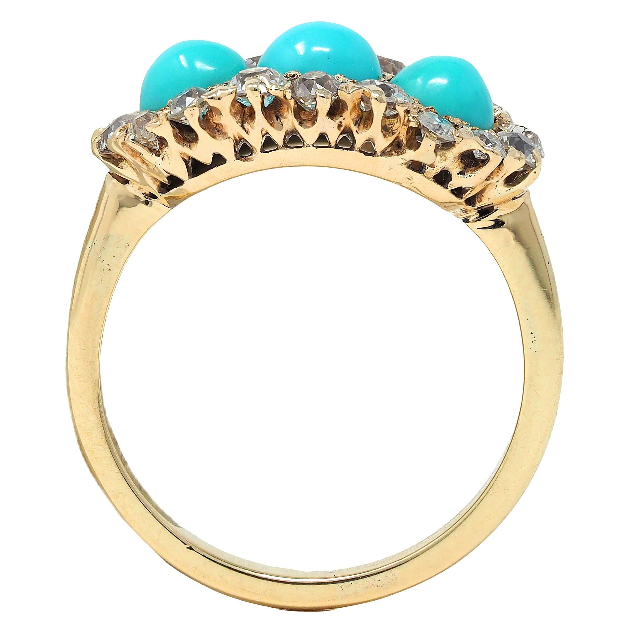 Victorian Diamond Turquoise Cabochon 14K Yellow Gold Antique Cluster Band Ring