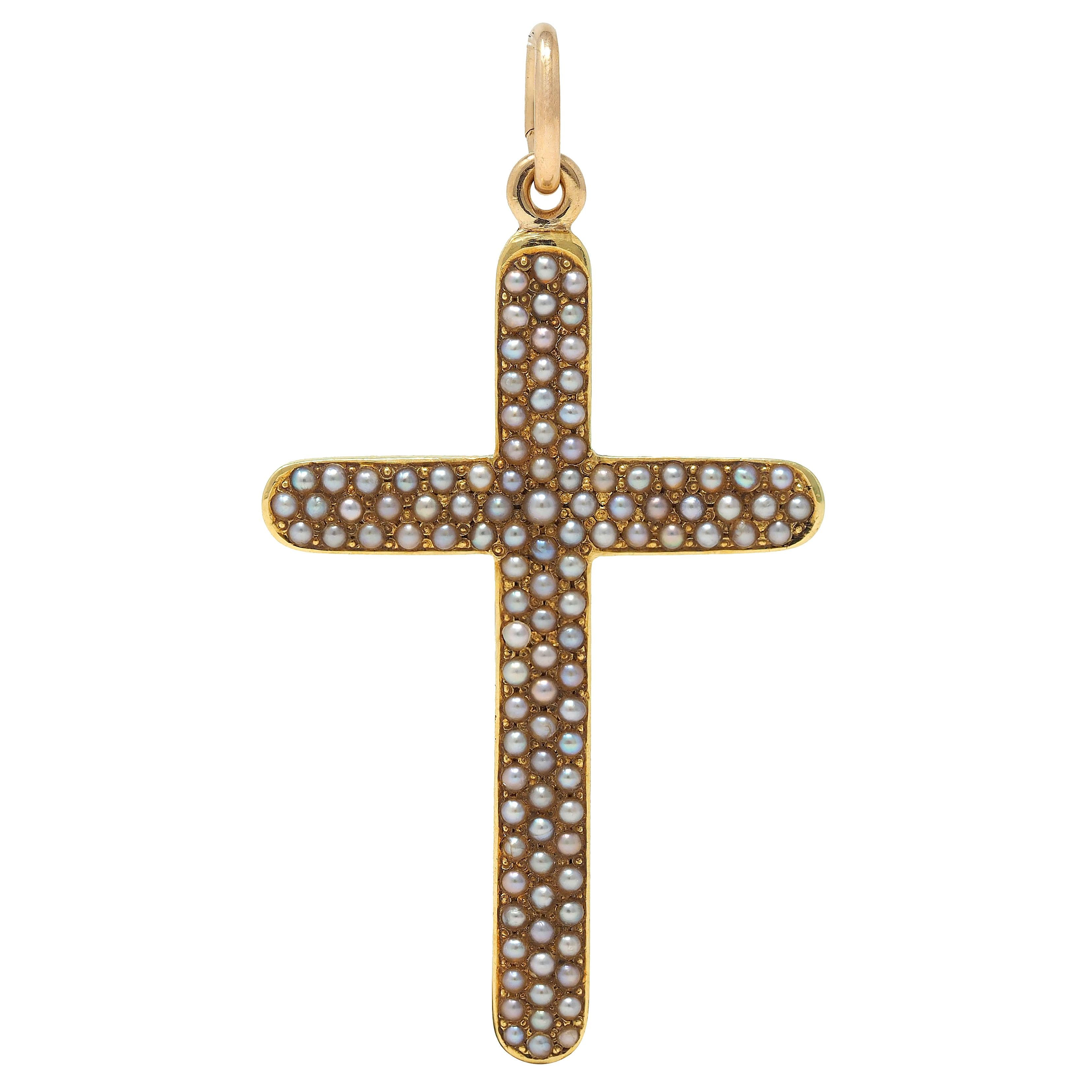 Victorian Seed Pearl 14 Karat Yellow Gold Antique Cross Pendant