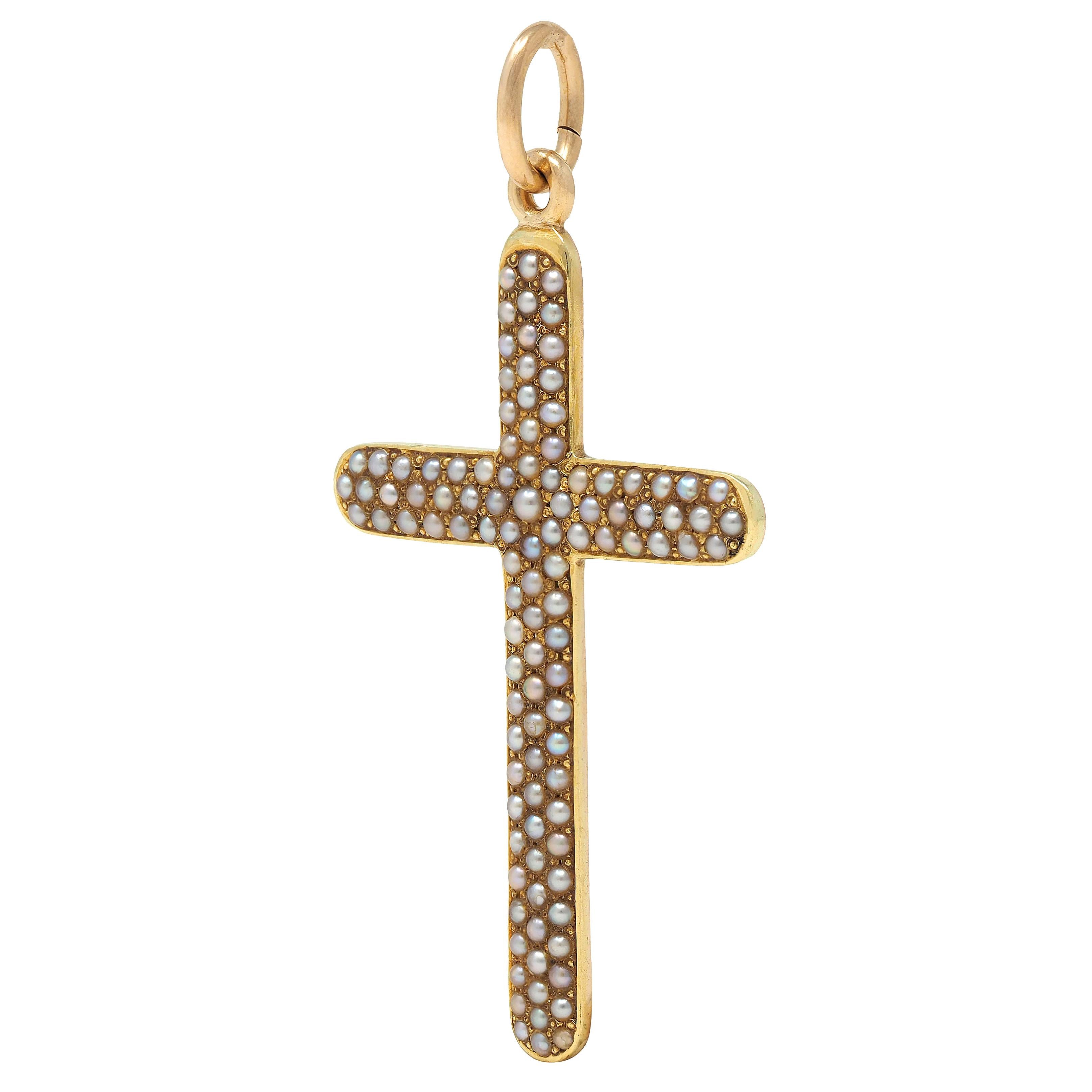 Victorian Seed Pearl 14 Karat Yellow Gold Antique Cross Pendant