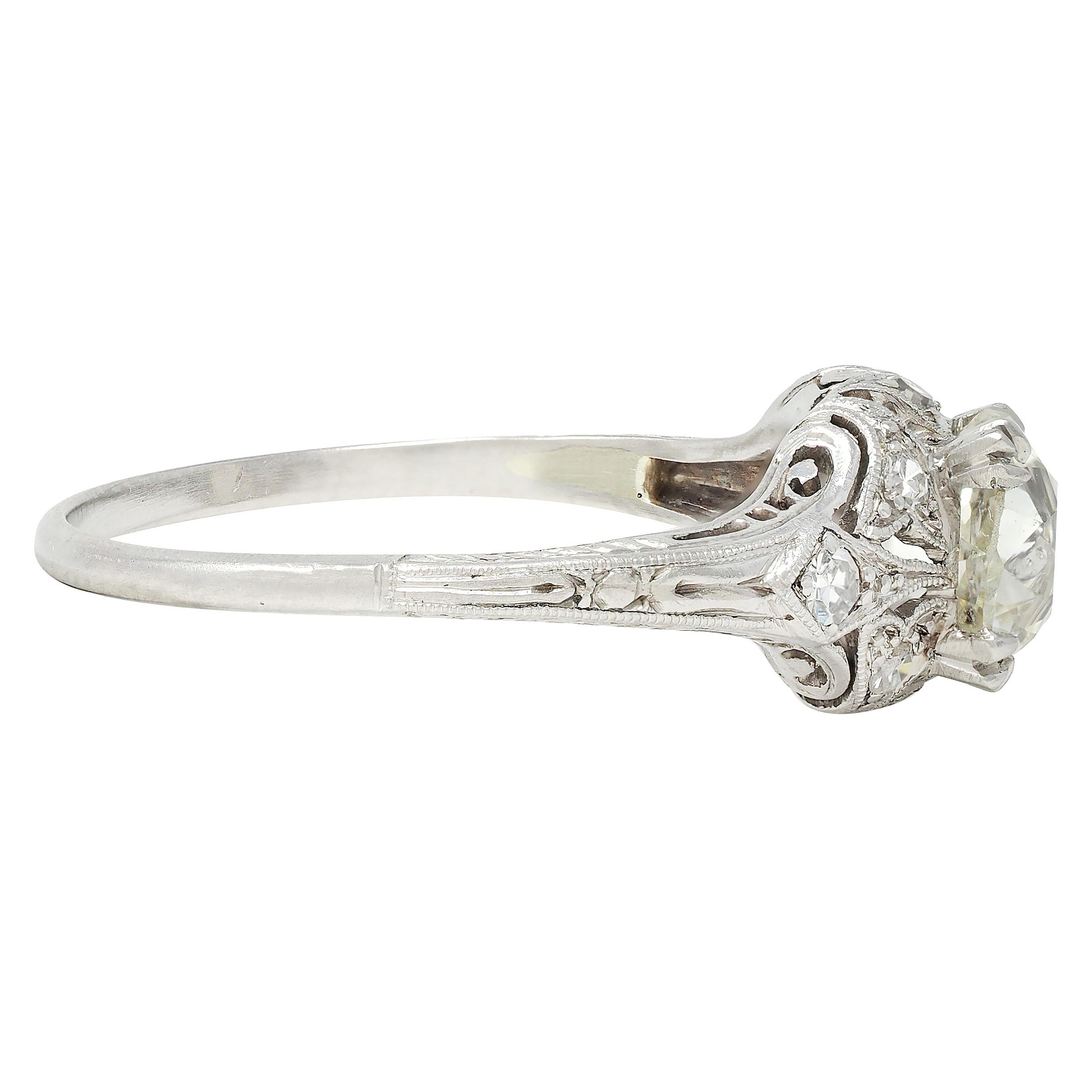 Art Deco 1.44 CTW Old Mine Diamond Platinum Foliate Vintage Engagement Ring