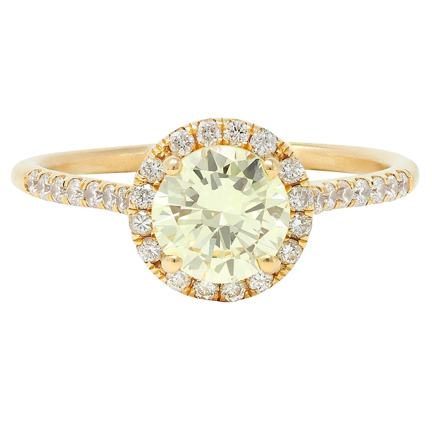 Contemporary 1.65 CTW Fancy Yellow Diamond 18K Gold Halo Engagement Ring GIA