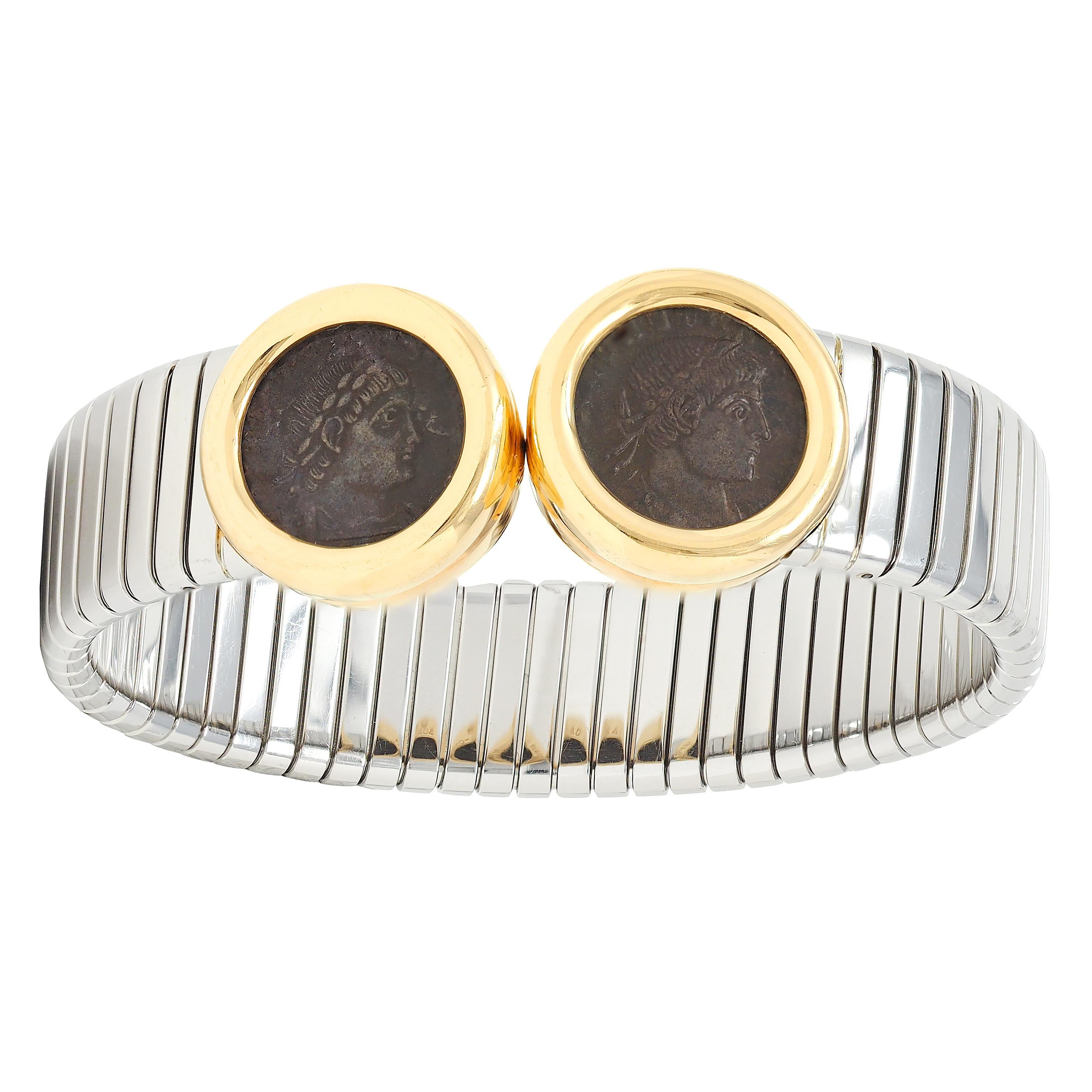 Bulgari 1980's Ancient Coin 18K Gold Steel Vintage Monete Tubogas Cuff Bracelet