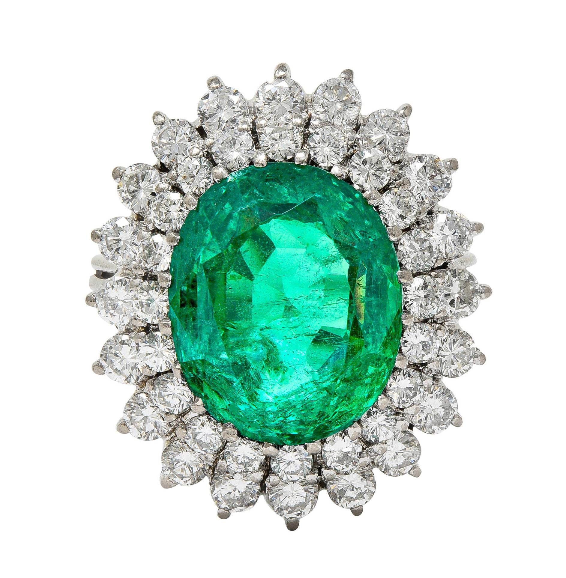 Mid-Century 7.60 CTW Emerald Diamond 18 Karat Gold Vintage Double Halo Ring AGL