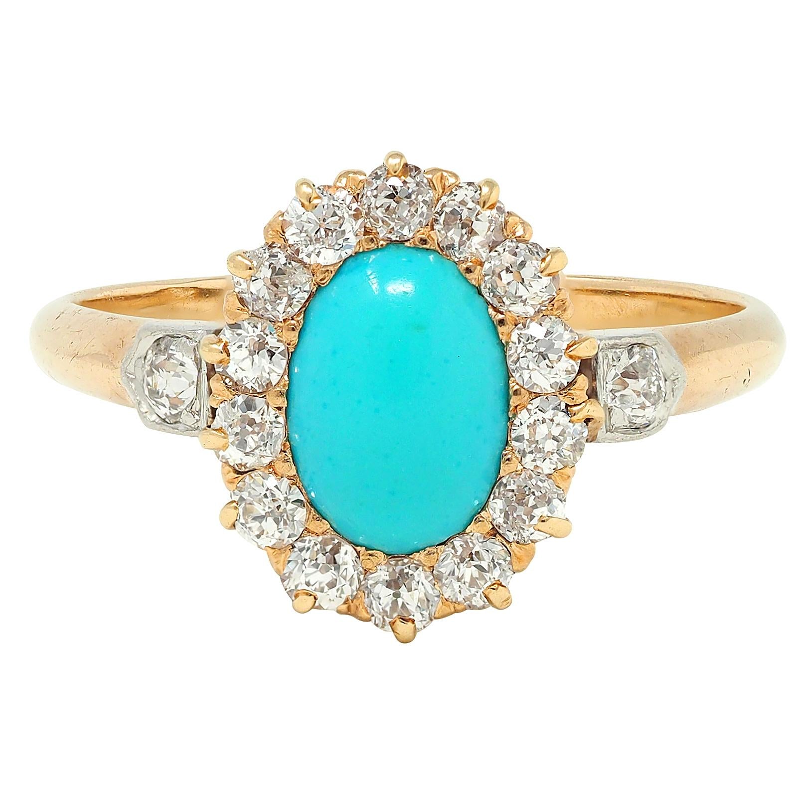 Edwardian Diamond Turquoise Platinum 14 Karat Yellow Gold Antique Halo Ring