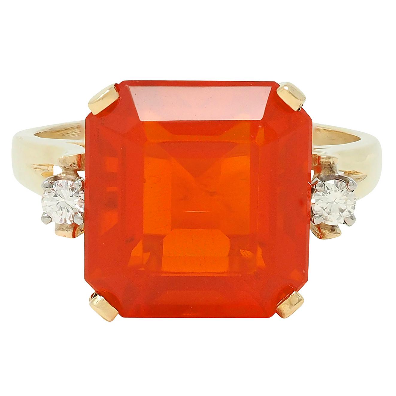 Mid-Century Fire Opal Diamond 14 Karat Two-Tone Gold Vintage Cocktail Ring