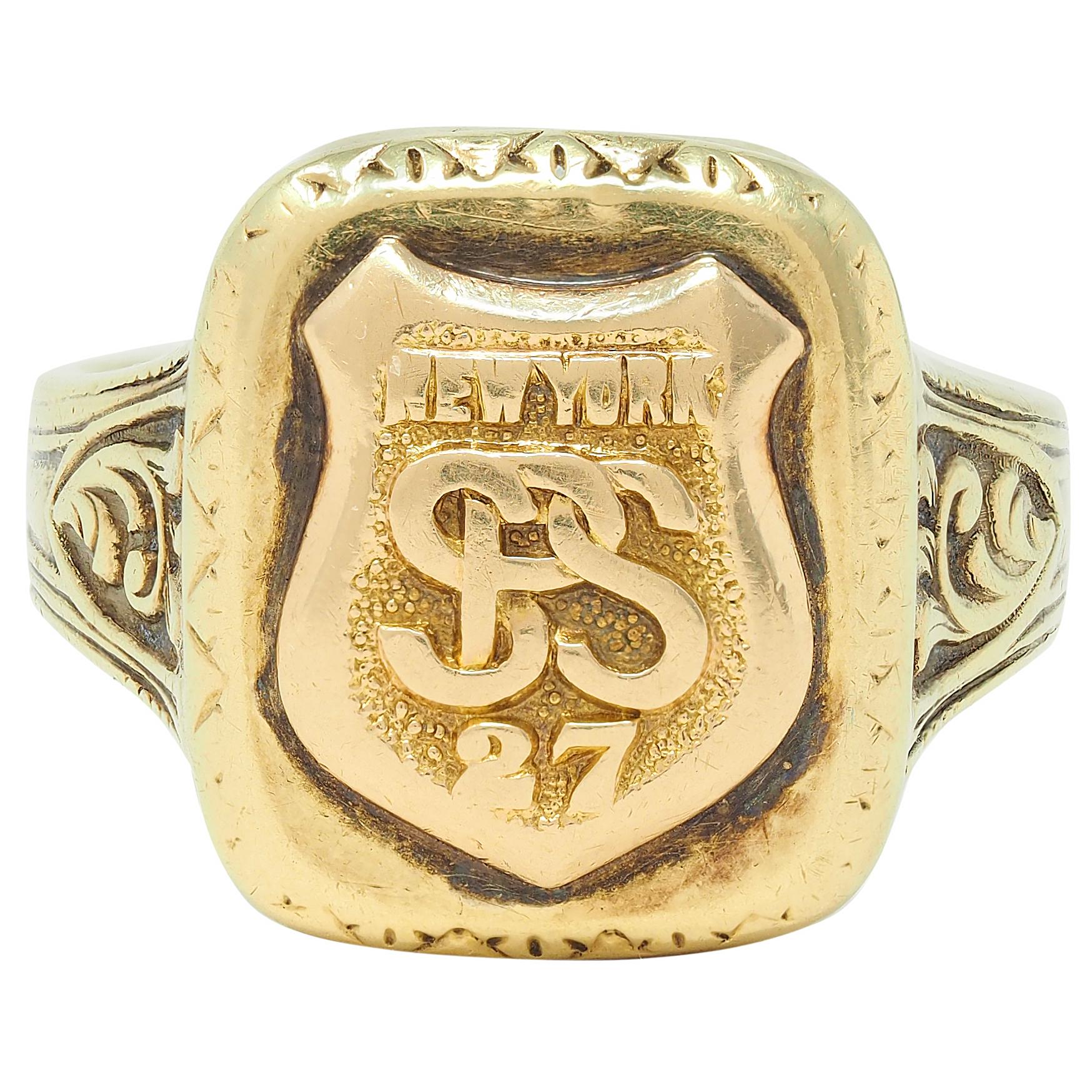Art Deco 1927 14 Karat Yellow Gold Antique New York Police Unisex Signet Ring