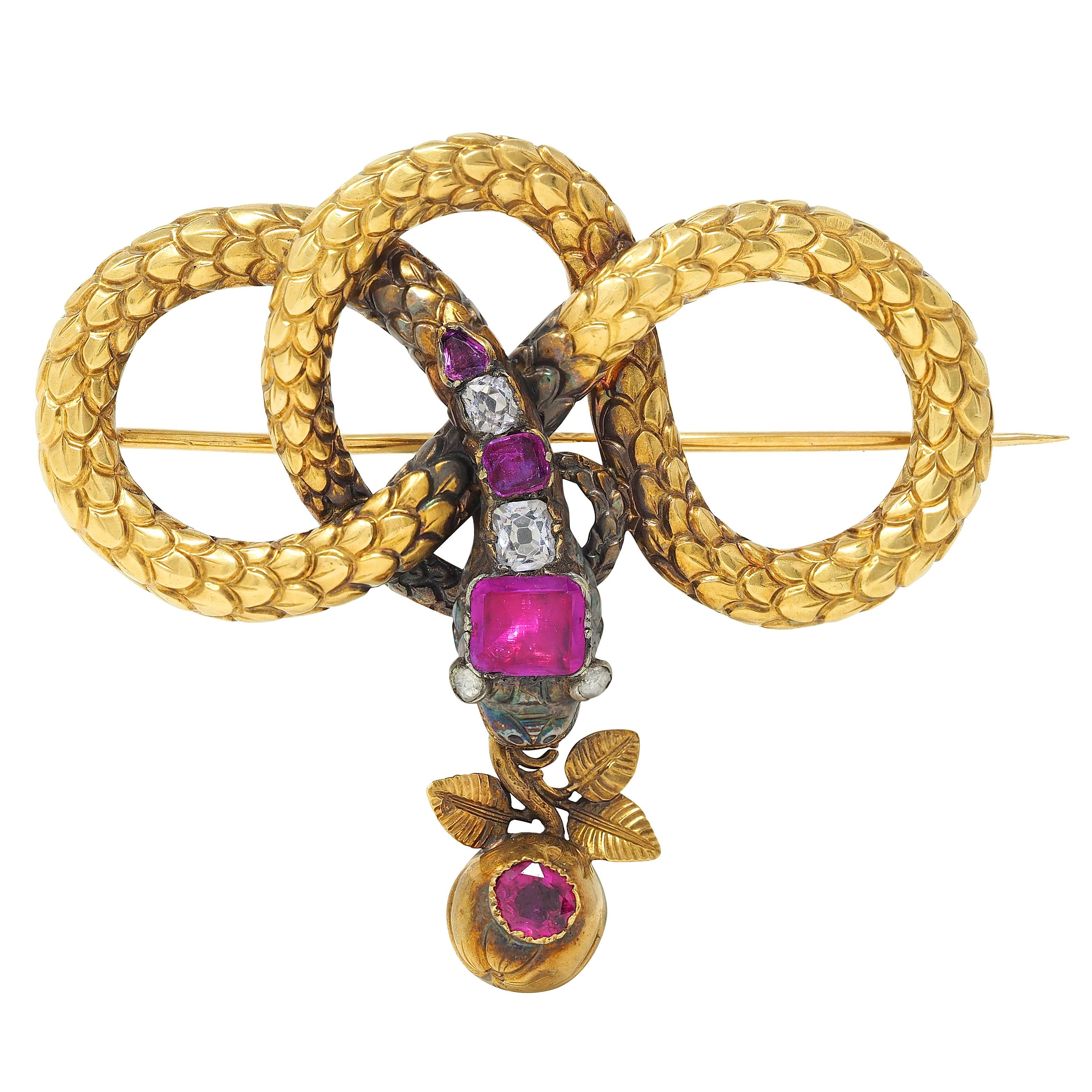 Georgian French Ruby Diamond 18 Karat Yellow Gold Antique Snake Knot Brooch