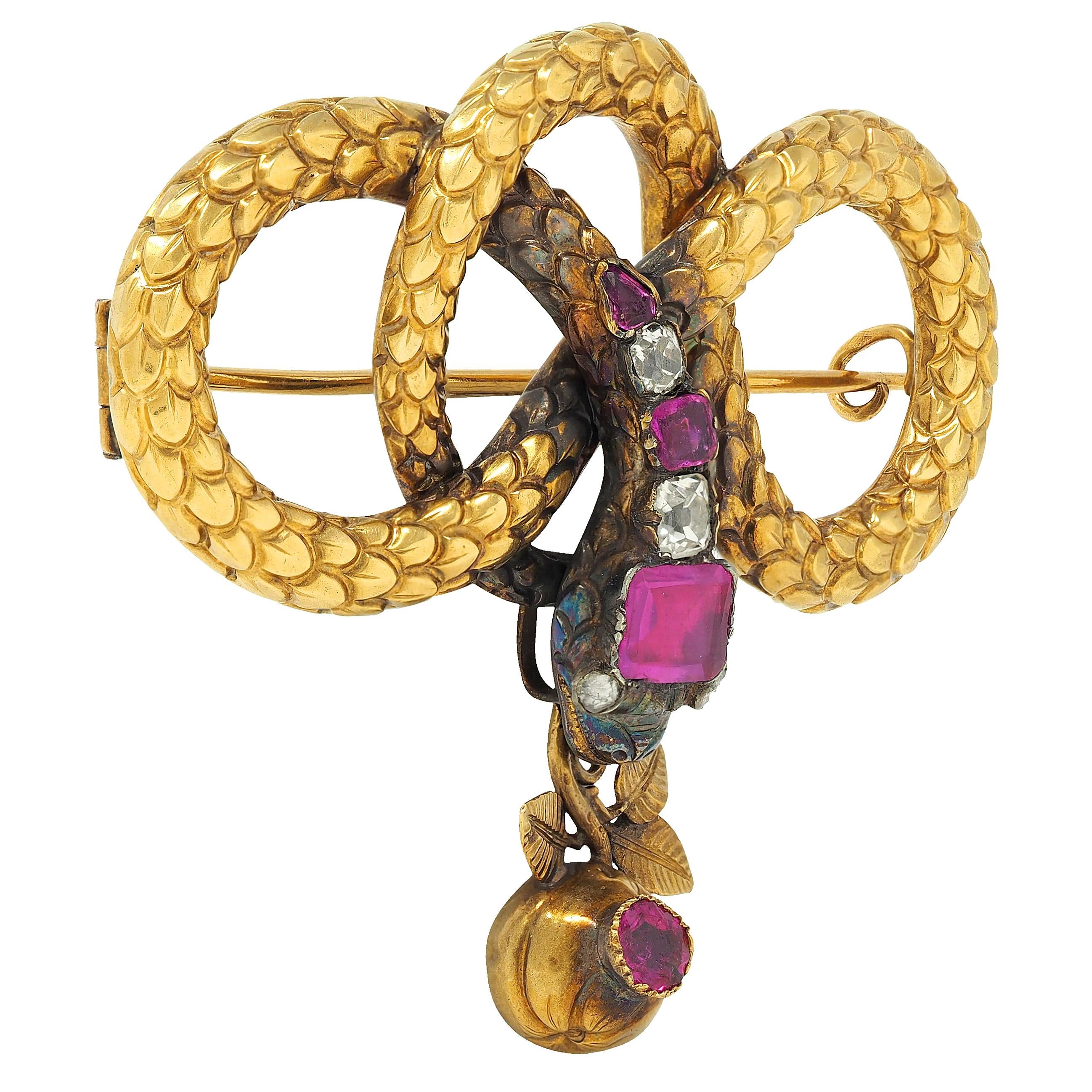 Georgian French Ruby Diamond 18 Karat Yellow Gold Antique Snake Knot Brooch