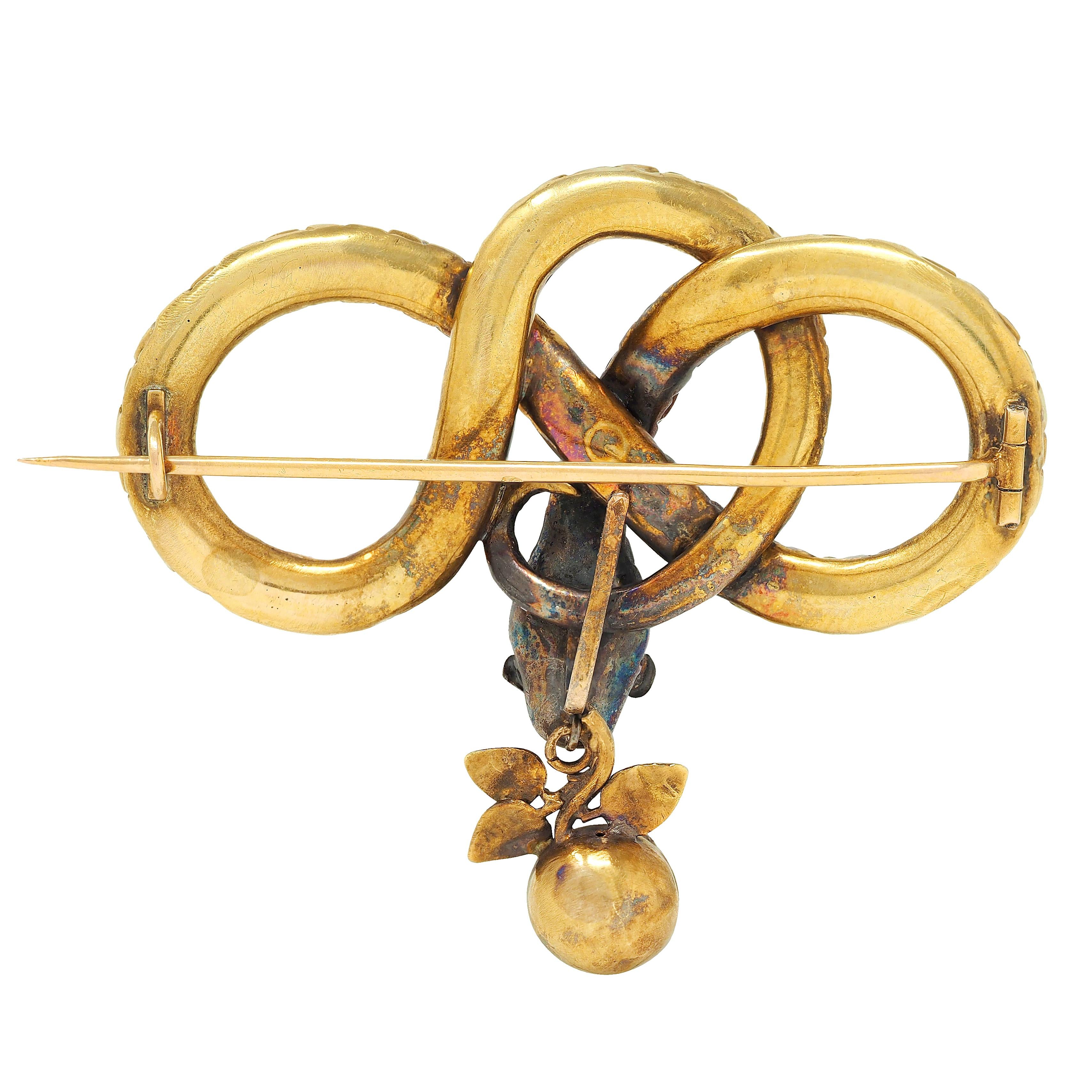 Georgian French Ruby Diamond 18 Karat Yellow Gold Antique Snake Knot Brooch