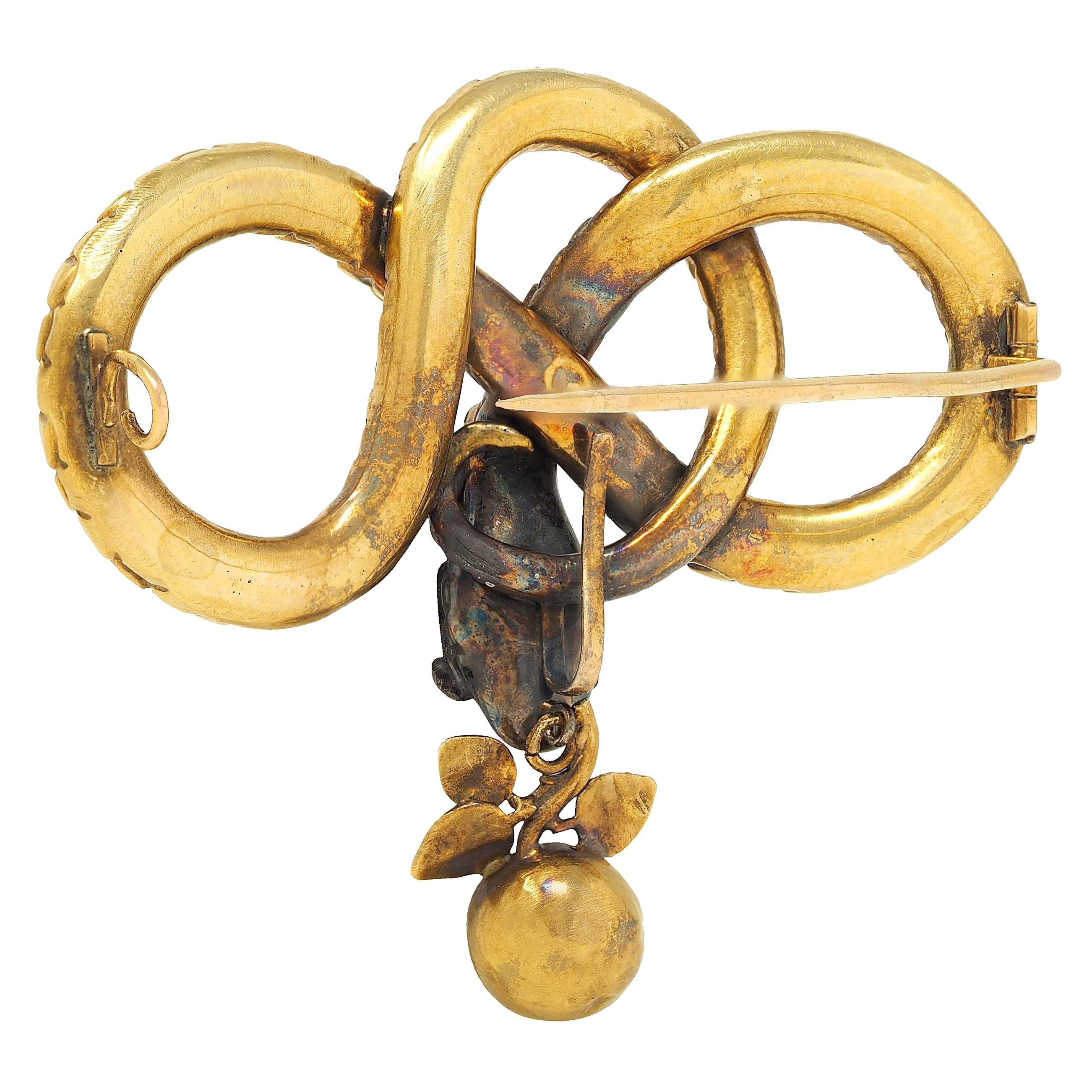 Georgian French Ruby Diamond 18 Karat Yellow Gold Antique Snake Knot Brooch