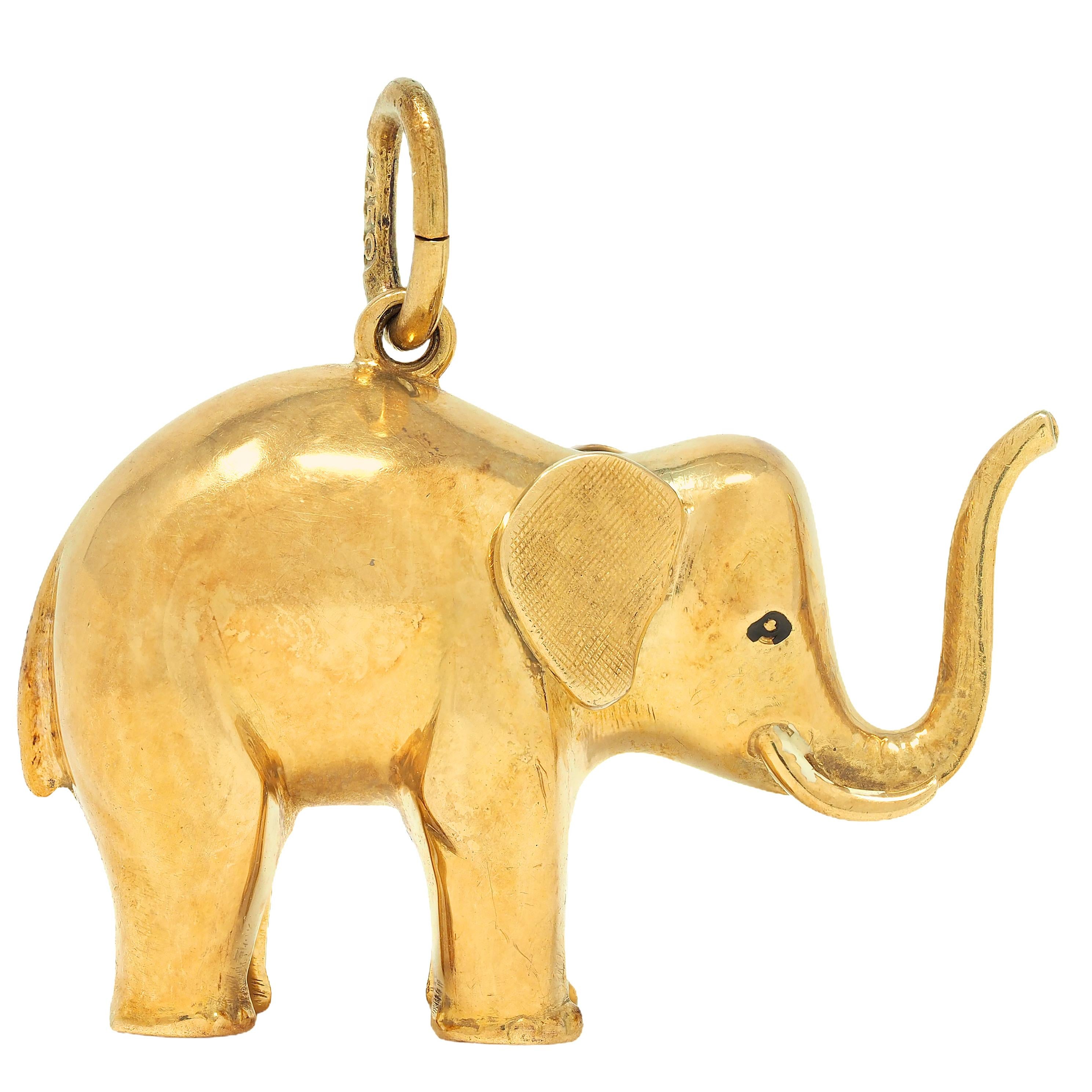 Late Art Deco 14 Karat Yellow Gold Elephant Pendant Charm