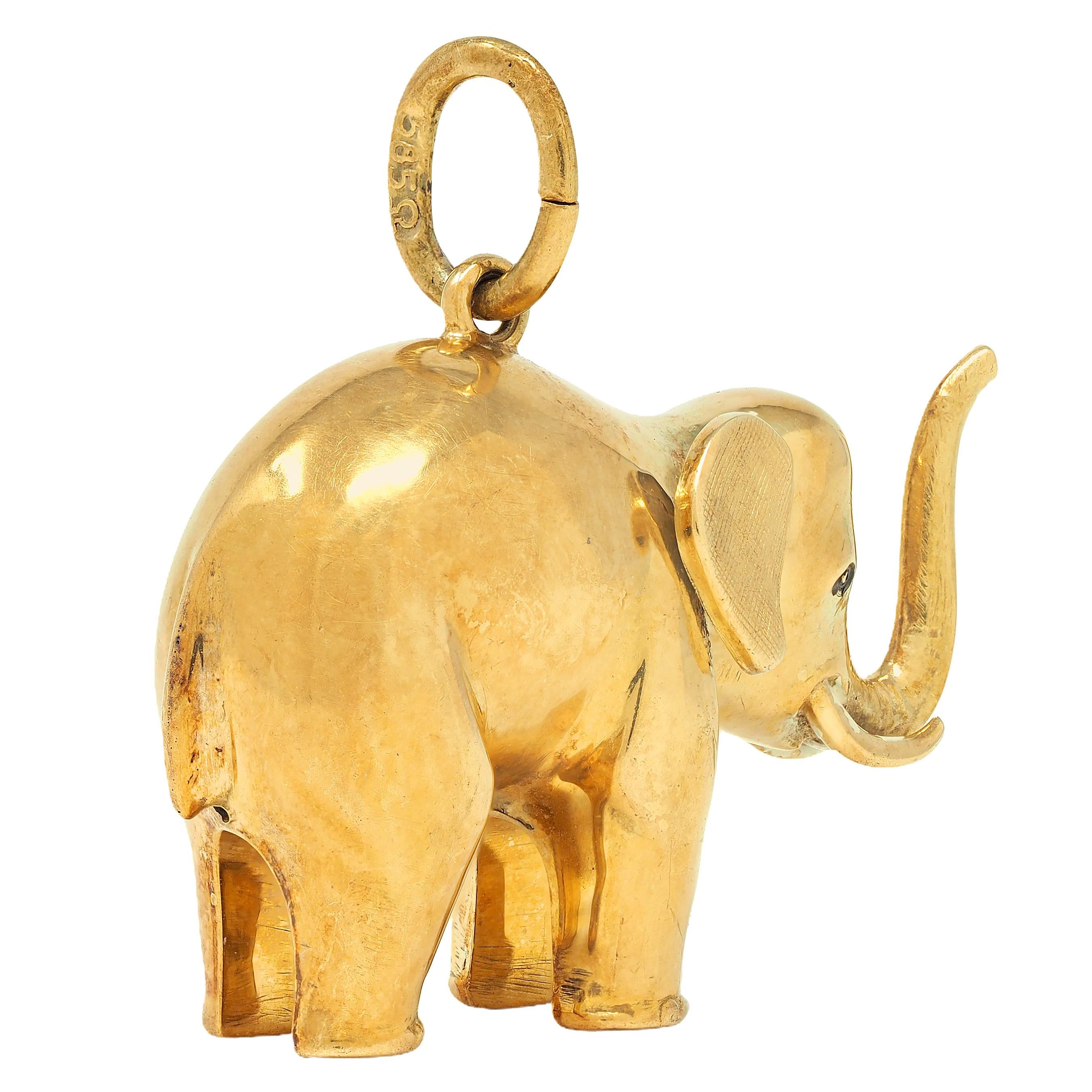 Late Art Deco 14 Karat Yellow Gold Elephant Pendant Charm