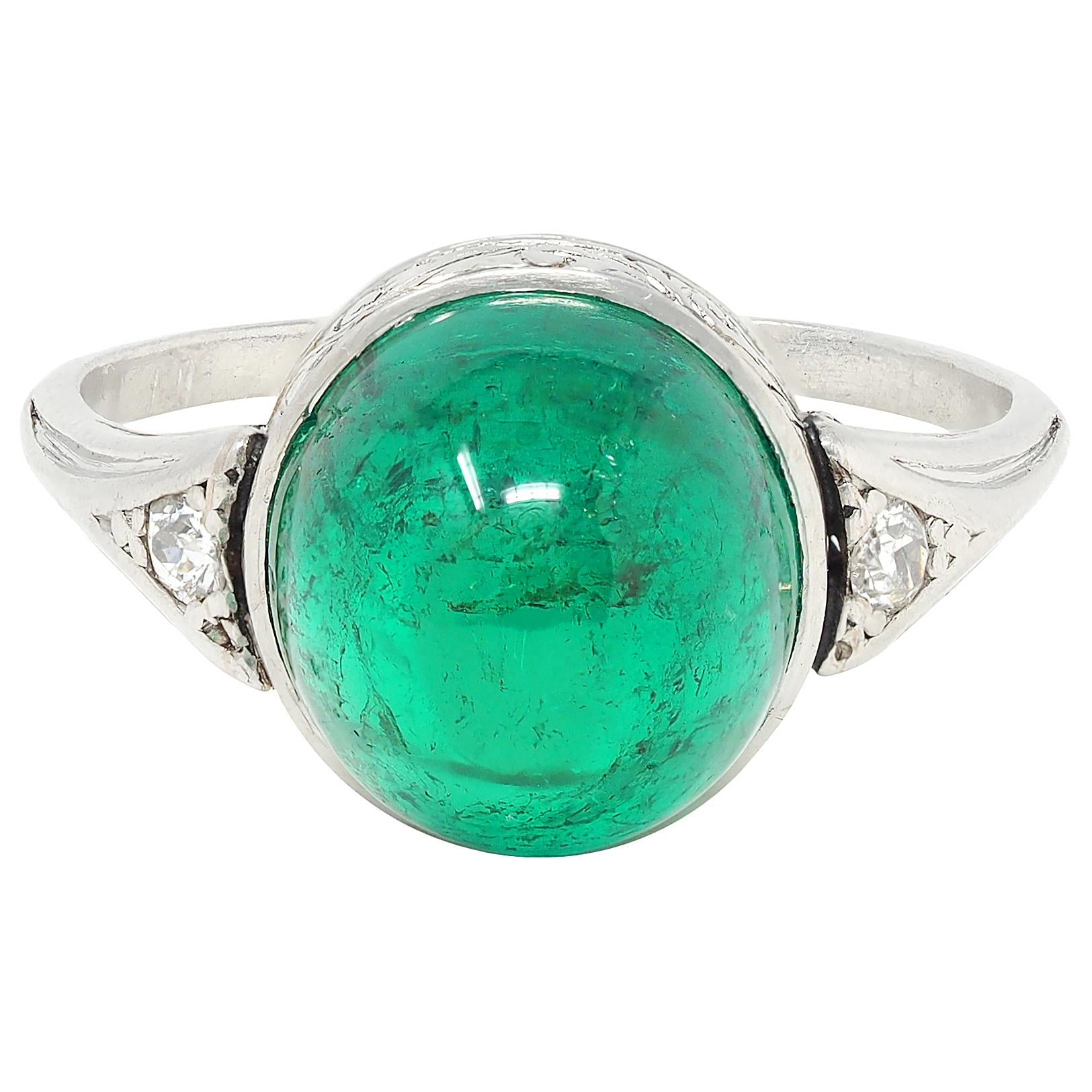 Art Deco 6.34 CTW Colombian Emerald Diamond Platinum Vintage Scrolling Ring AGL