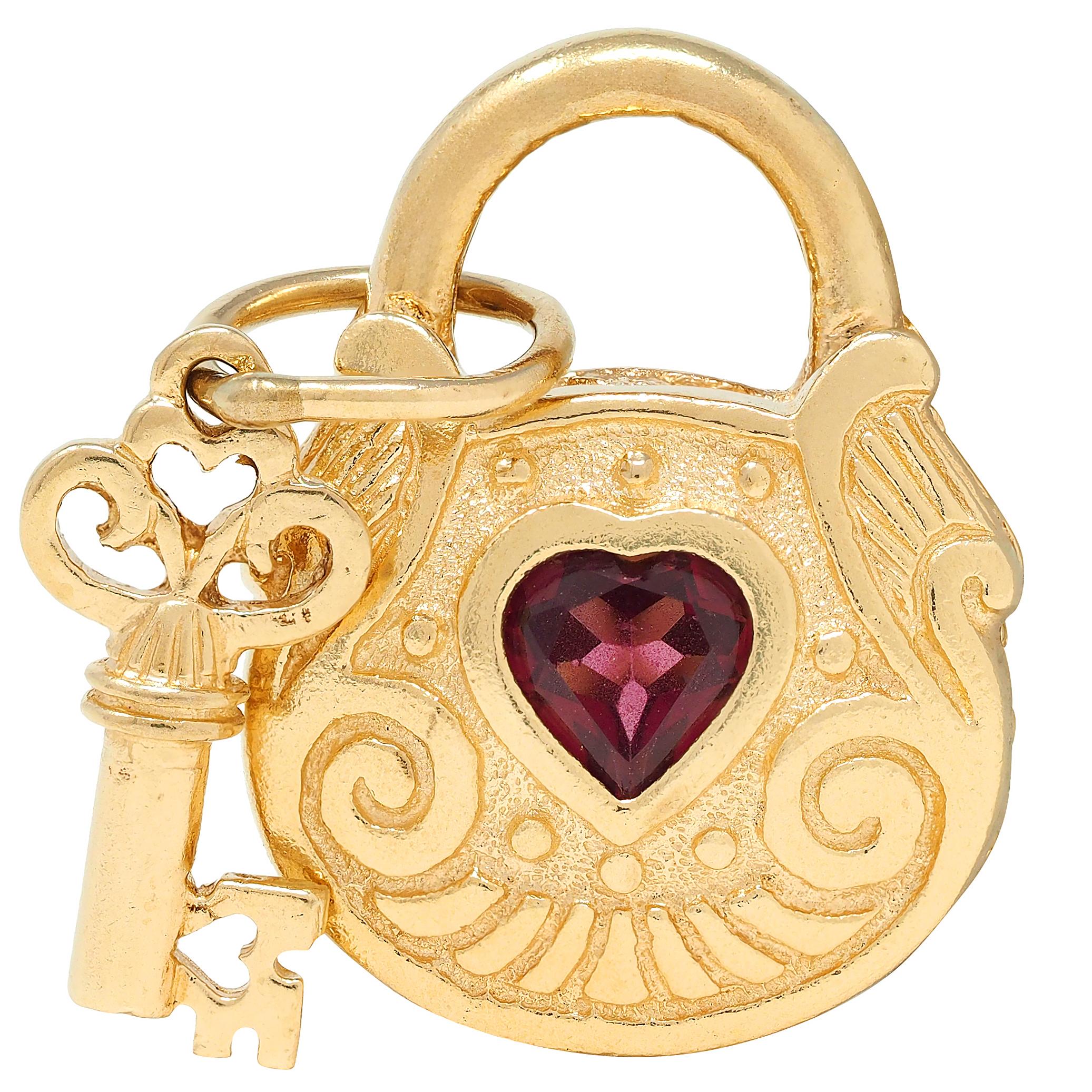 1990's Garnet 14 Karat Yellow Gold Vintage Lock & Key Pendant Charm