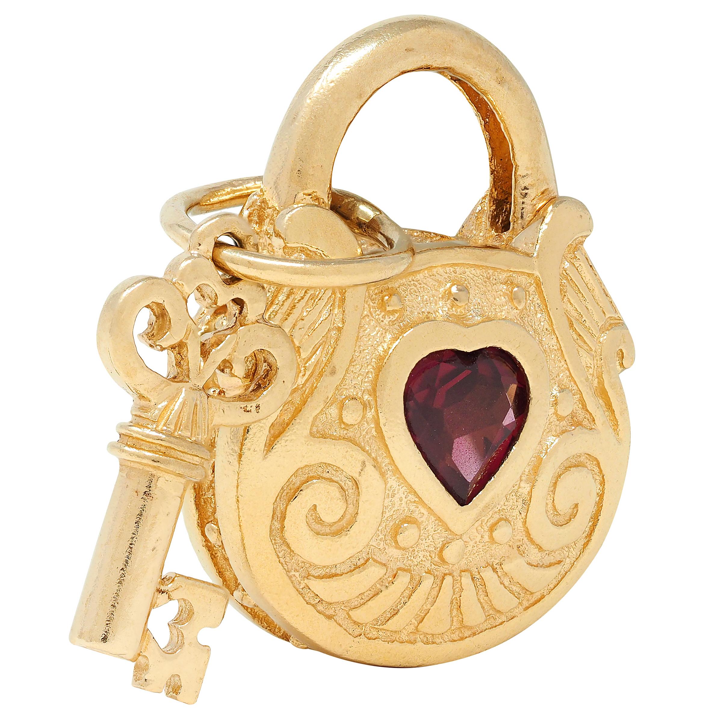 1990's Garnet 14 Karat Yellow Gold Vintage Lock & Key Pendant Charm