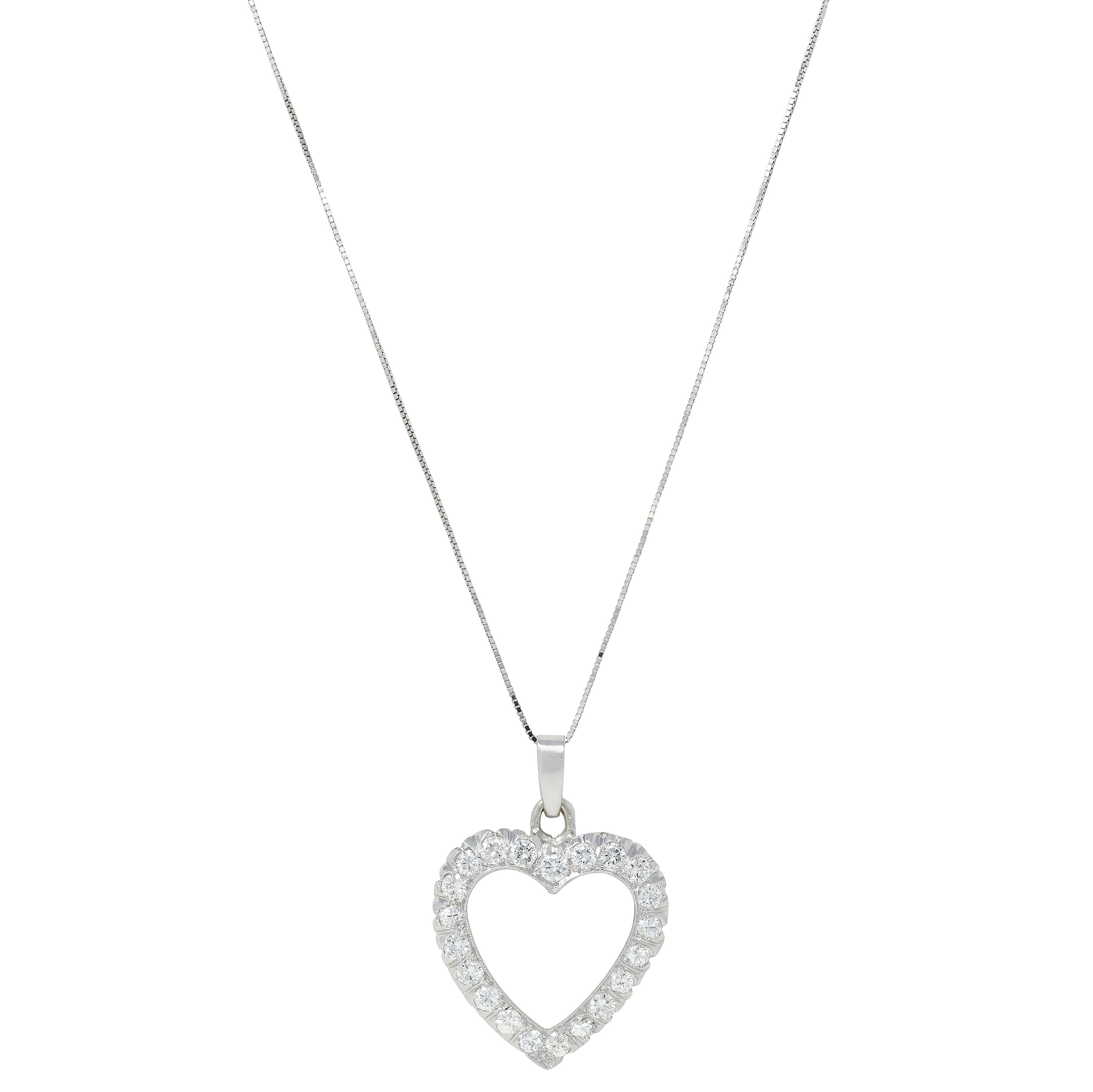 1950's 2.10 CTW Diamond 14 Karat White Gold Vintage Heart Pendant Necklace