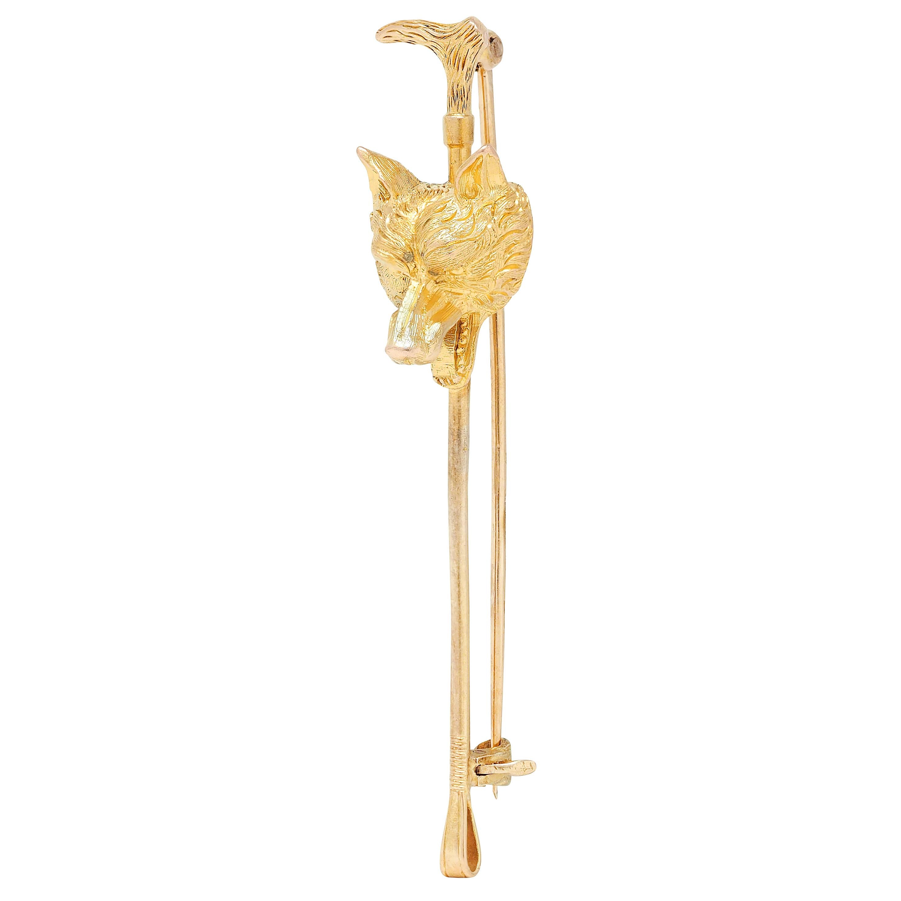 Carter Gough & Co. Edwardian 14K Yellow Gold Antique Fox Riding Crop Brooch