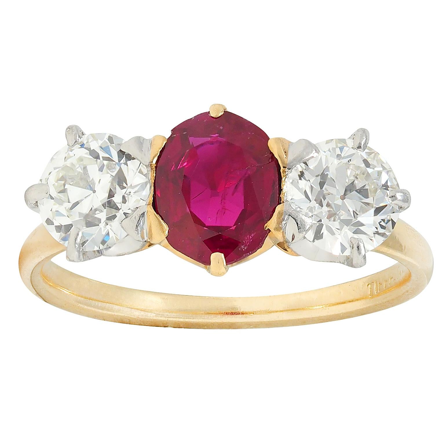 Tiffany & Co. No Heat Burma Ruby Diamond Platinum 18K Yellow Gold Antique Ring
