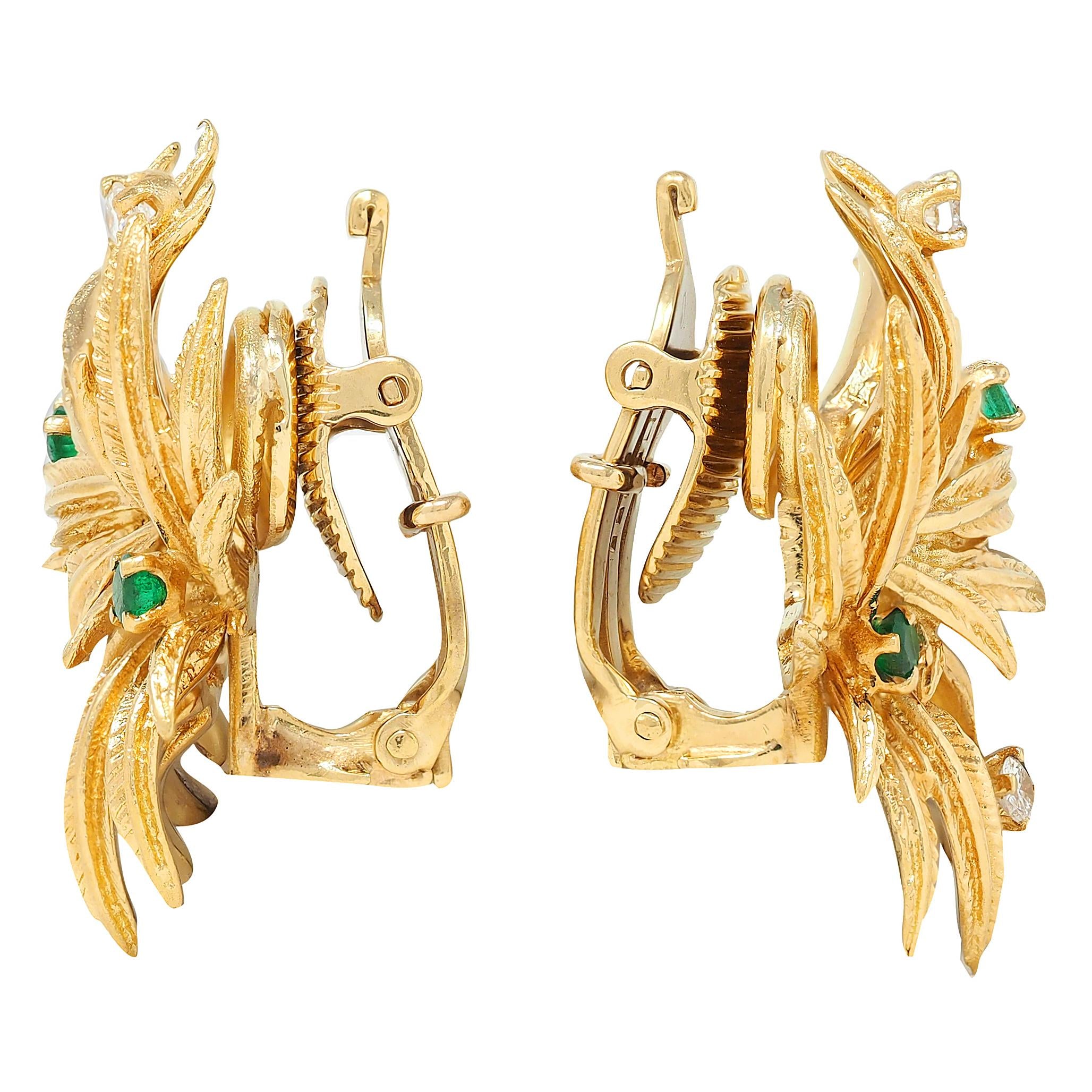 Tiffany & Co 1960s Emerald Diamond 18K Yellow Gold Vintage Foliate Earrings