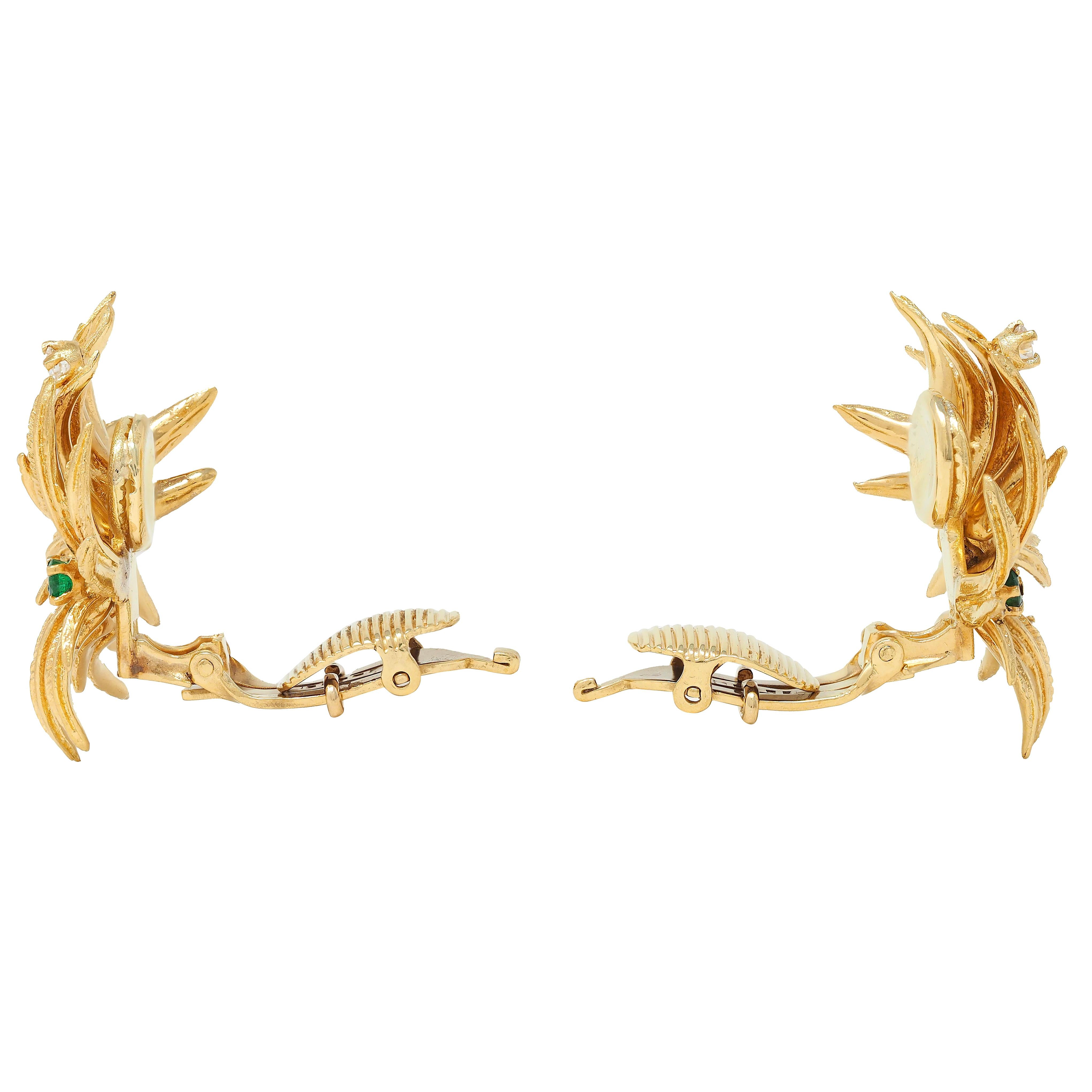 Tiffany & Co 1960s Emerald Diamond 18K Yellow Gold Vintage Foliate Earrings