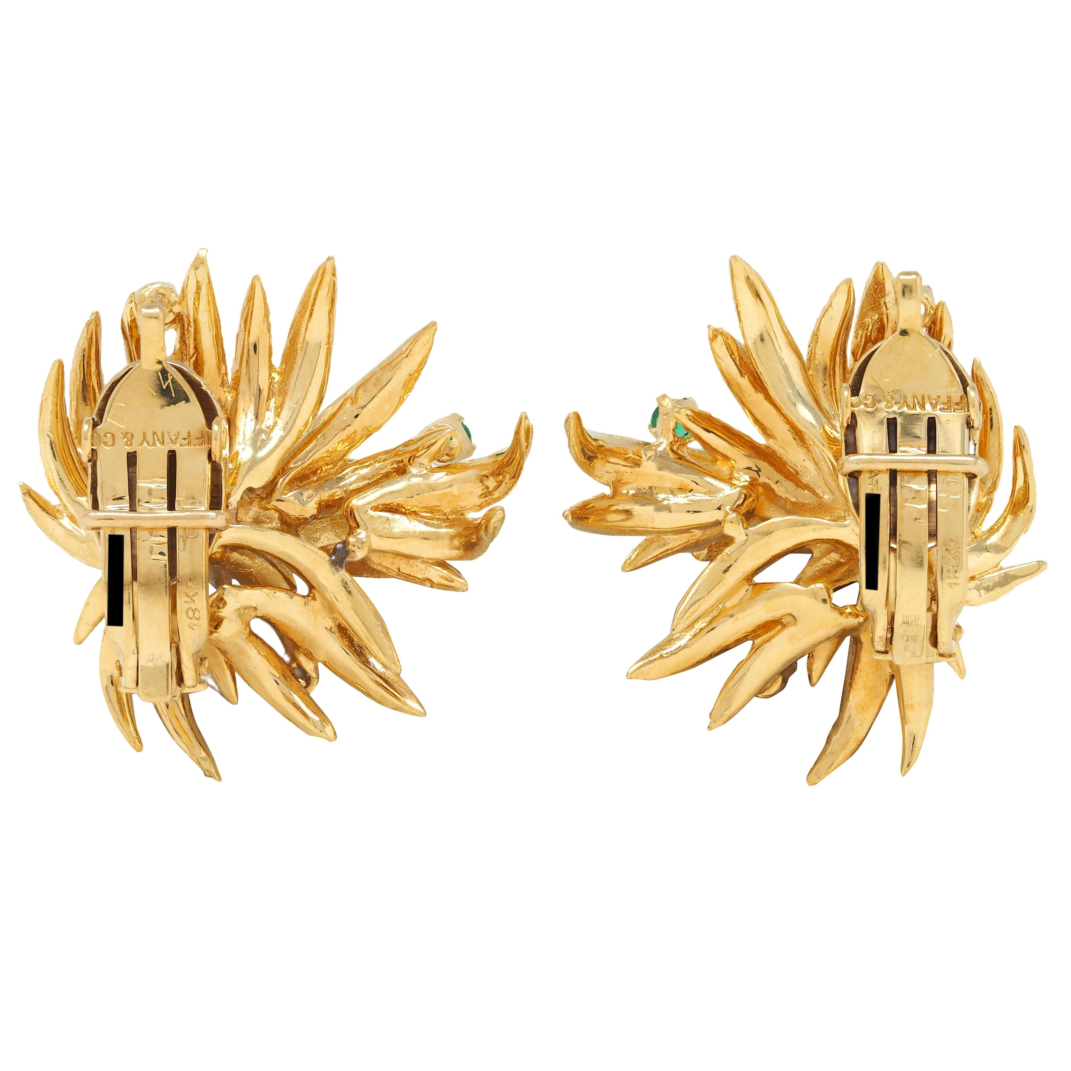 Tiffany & Co 1960s Emerald Diamond 18K Yellow Gold Vintage Foliate Earrings