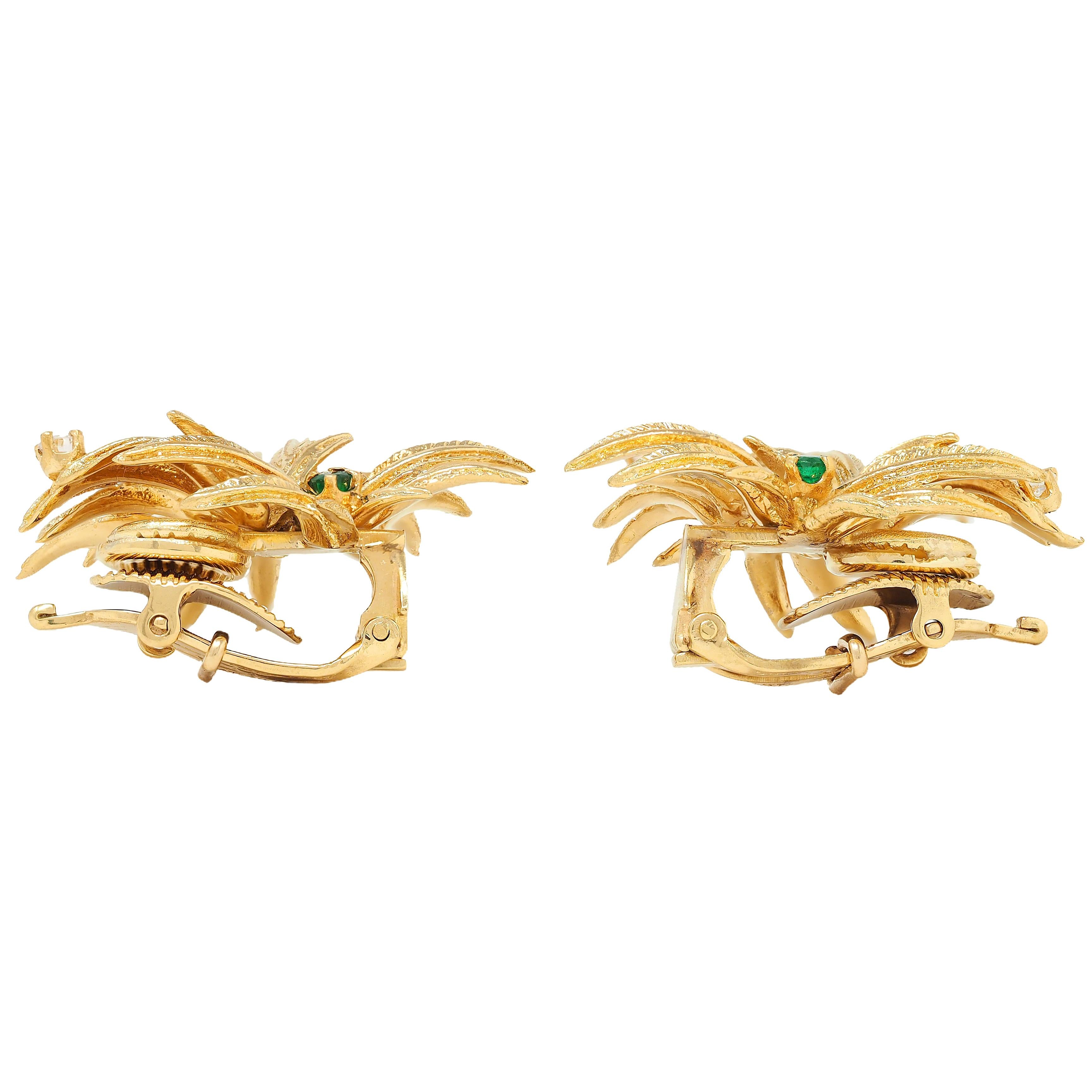 Tiffany & Co 1960s Emerald Diamond 18K Yellow Gold Vintage Foliate Earrings