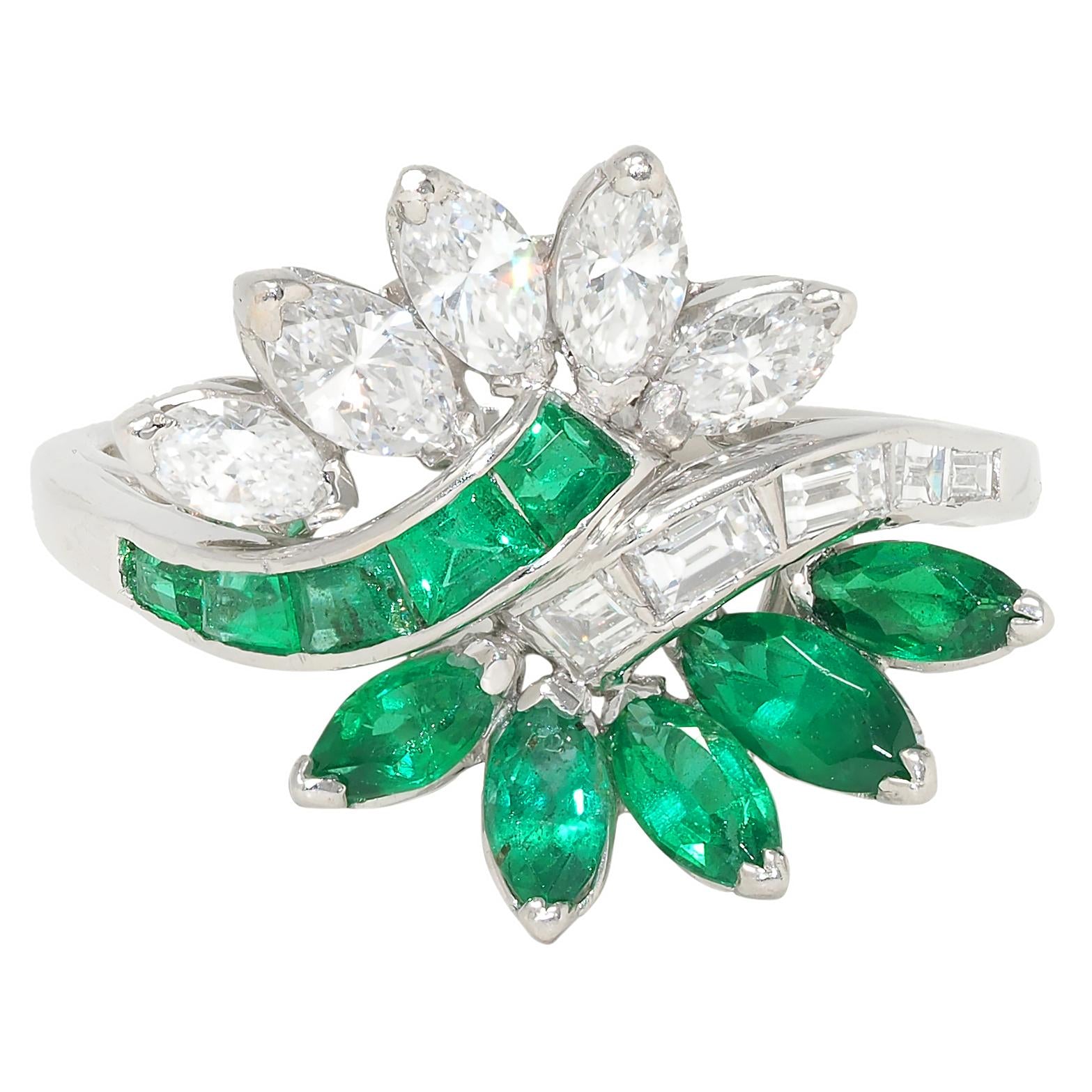 Mid-Century 2.16 CTW Emerald Diamond Platinum Vintage Fanning Bypass Ring