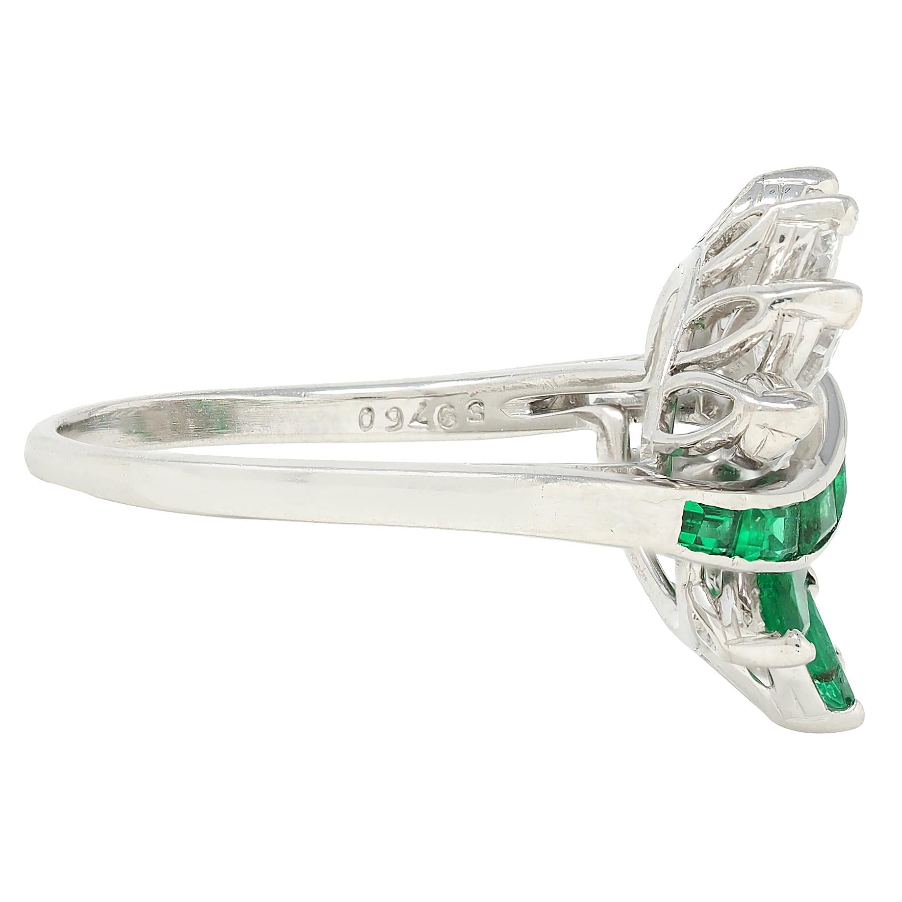 Mid-Century 2.16 CTW Emerald Diamond Platinum Vintage Fanning Bypass Ring