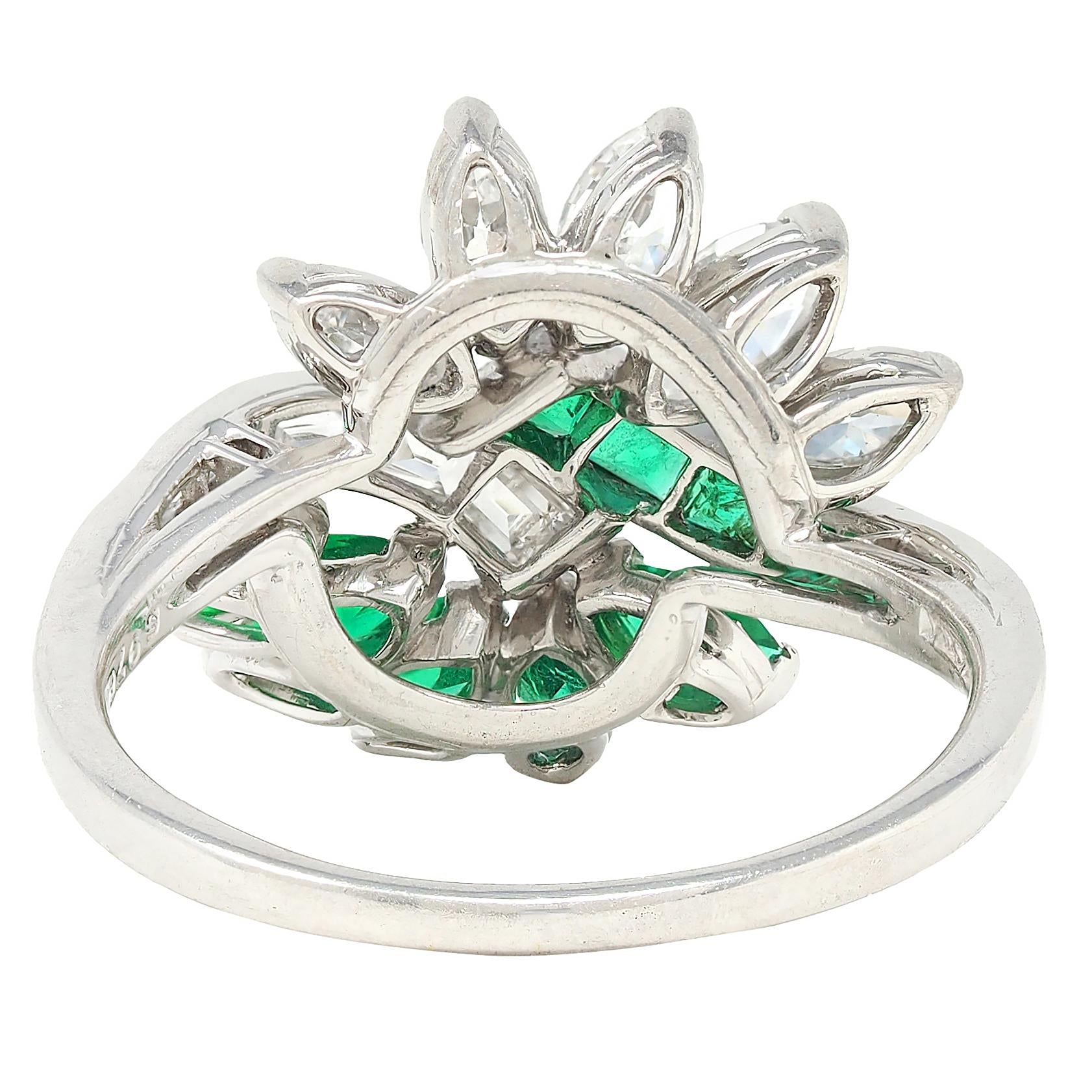 Mid-Century 2.16 CTW Emerald Diamond Platinum Vintage Fanning Bypass Ring