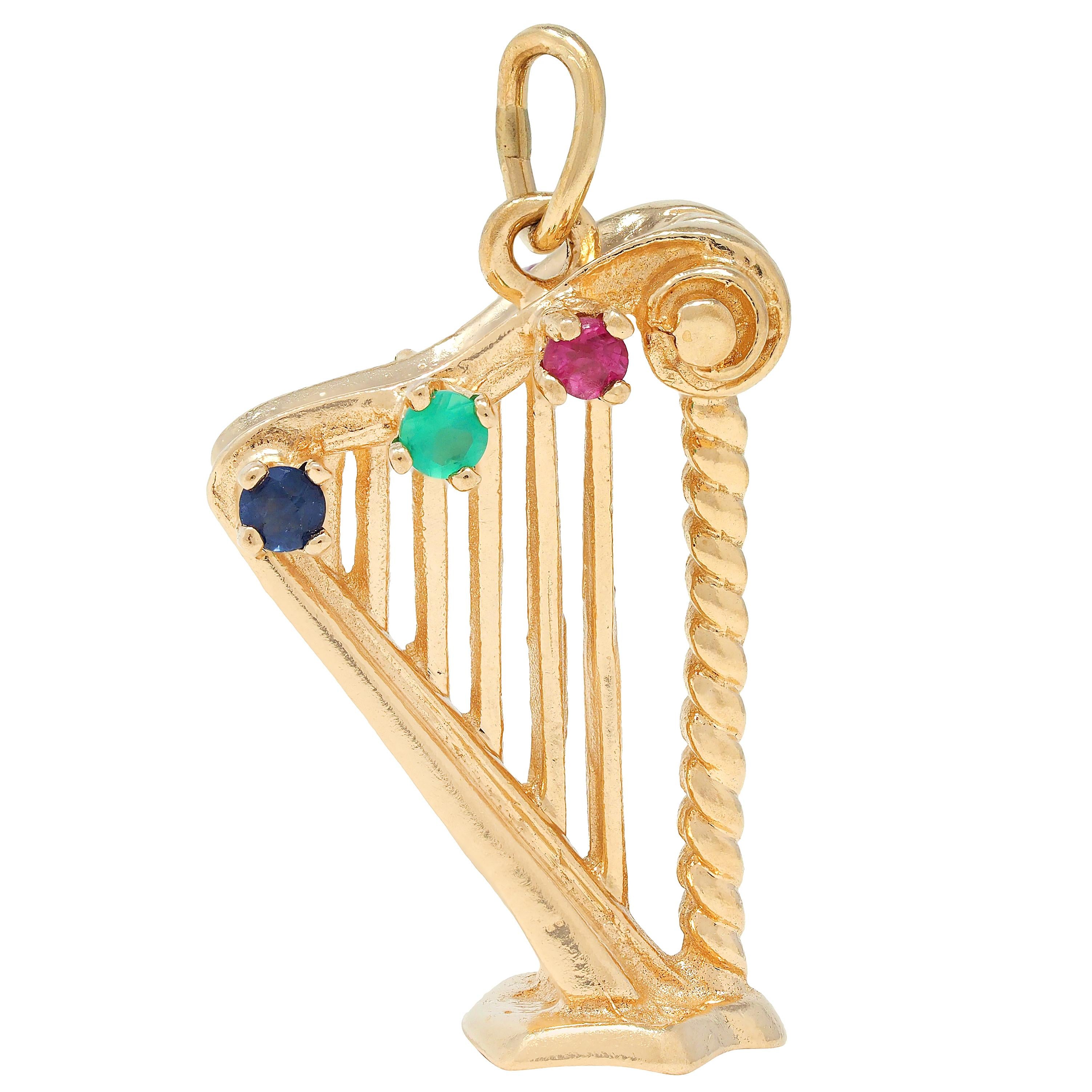 1960's Multi-Gem 14K Yellow Gold Vintage Harp Musical Instrument Pendant Charm