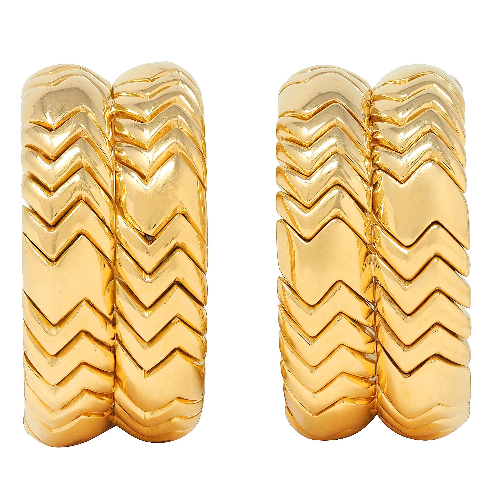 Bulgari 1990's 18 Karat Yellow Gold Vintage Spiga J-Hoop Earrings