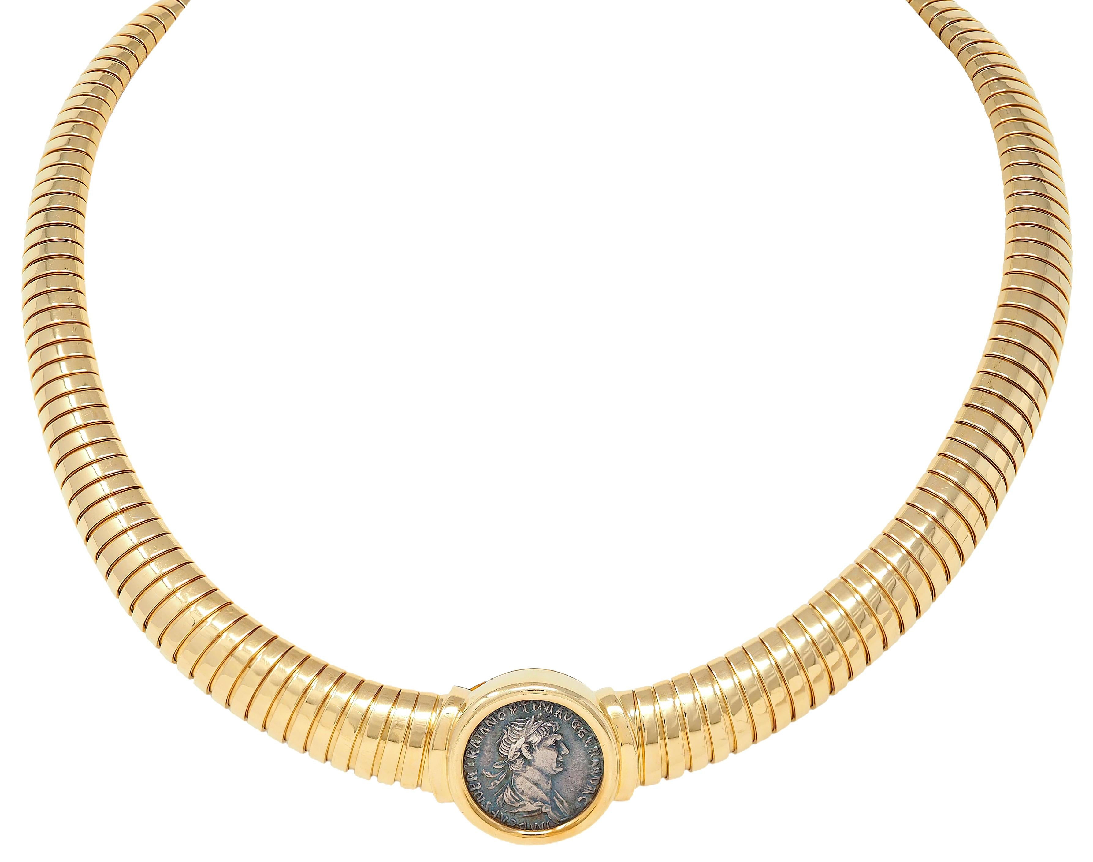 Bulgari 1980's 18K Yellow Gold Vintage Roman Trajan Coin Monete Tubogas Necklace