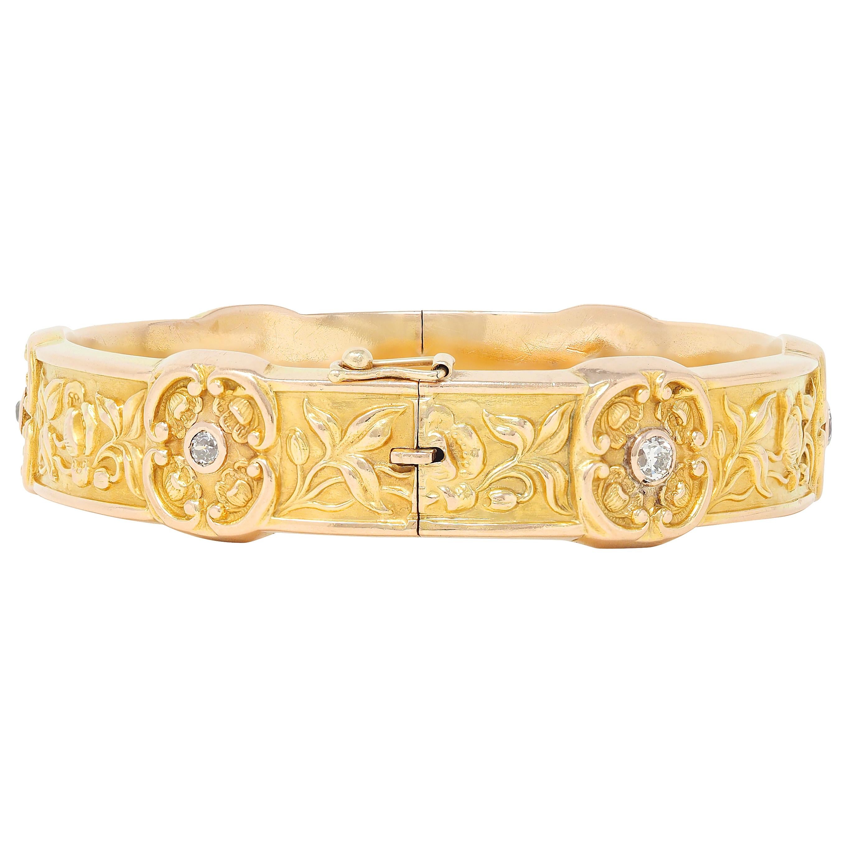 Art Nouveau Diamond 14 Karat Yellow Gold Antique Poppy Flower Bangle Bracelet