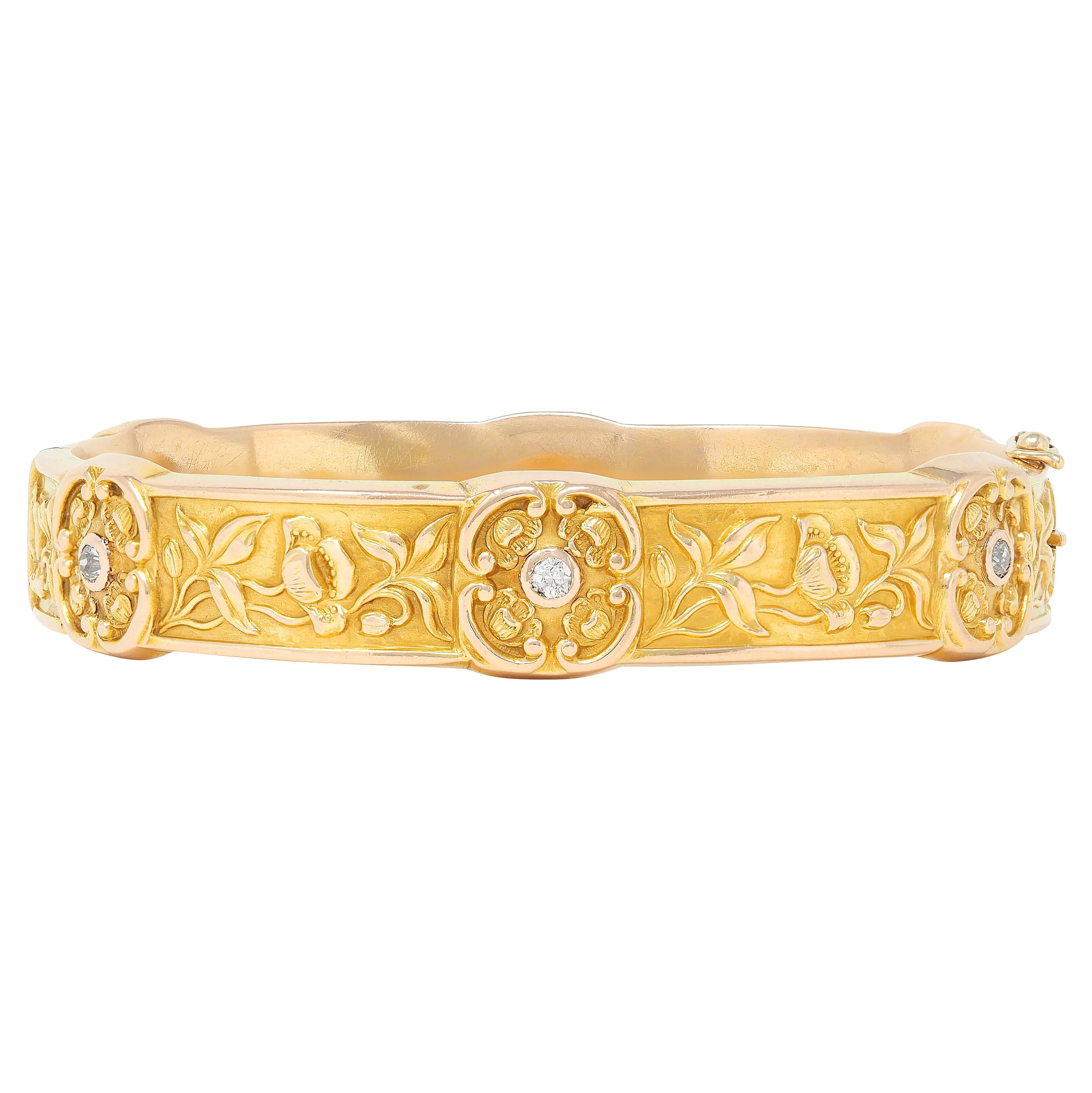 Art Nouveau Diamond 14 Karat Yellow Gold Antique Poppy Flower Bangle Bracelet