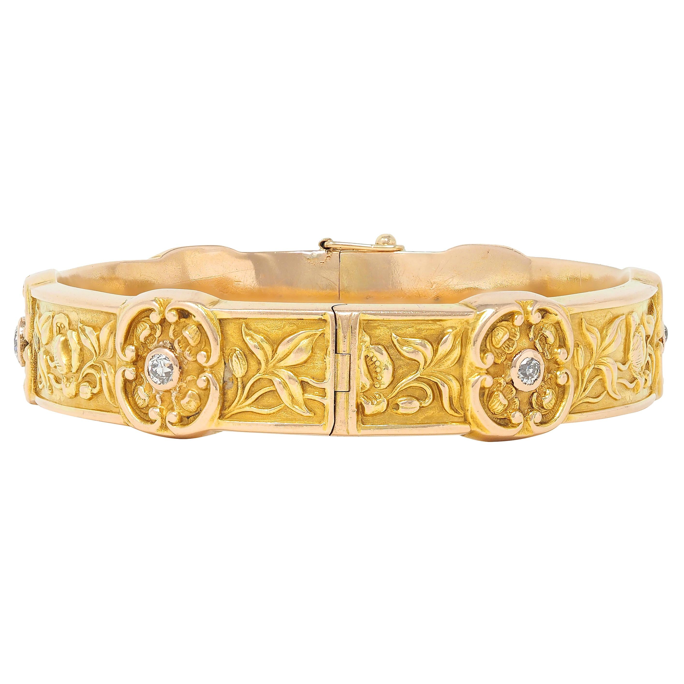 Art Nouveau Diamond 14 Karat Yellow Gold Antique Poppy Flower Bangle Bracelet