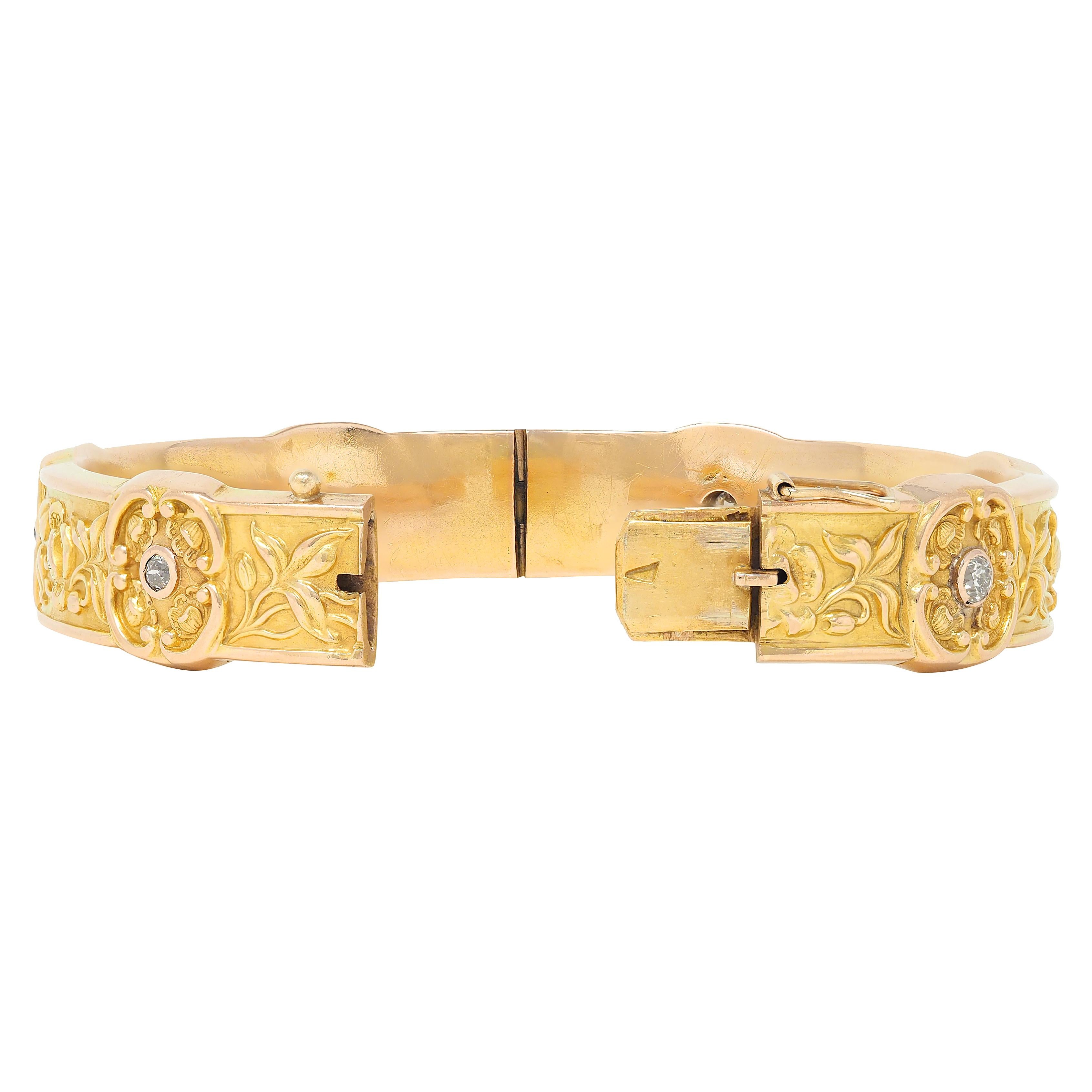 Art Nouveau Diamond 14 Karat Yellow Gold Antique Poppy Flower Bangle Bracelet