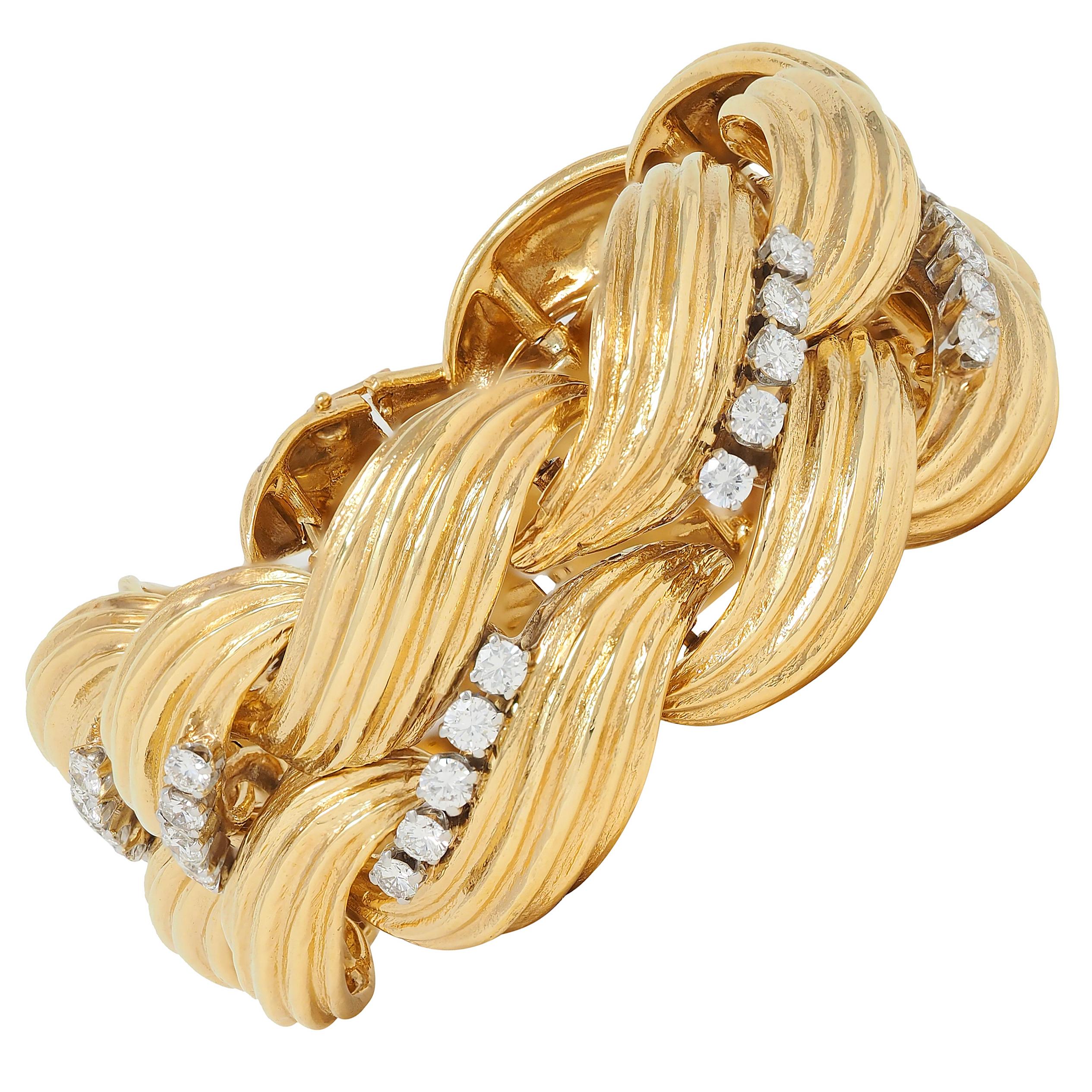 David Webb 1980's Diamond Platinum 18 Karat Yellow Gold Vintage Twist Bracelet