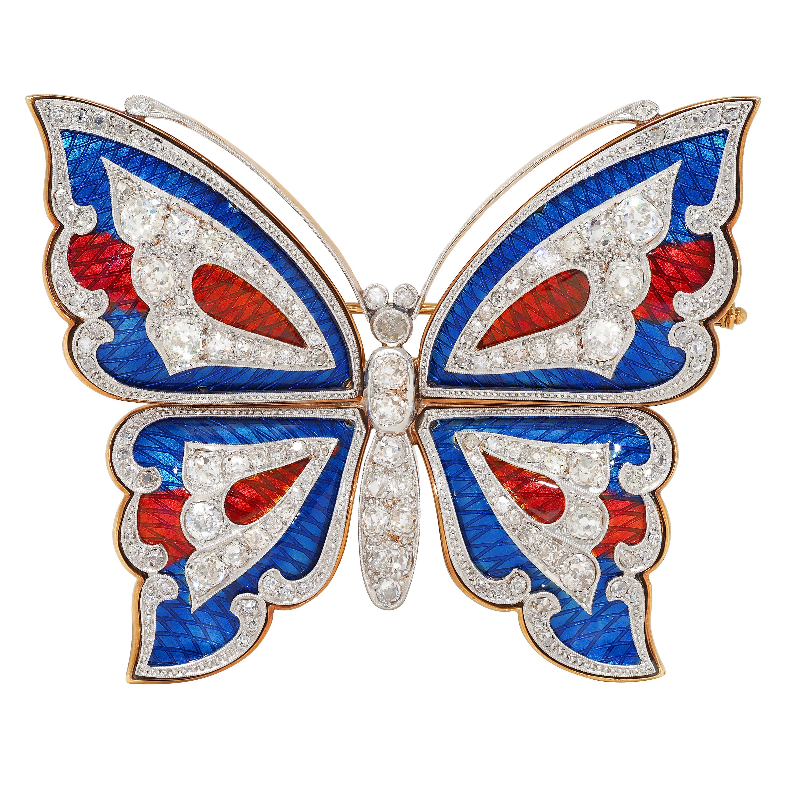 Substantial Edwardian Diamond Enamel Platinum 18K Gold Antique Butterfly Brooch