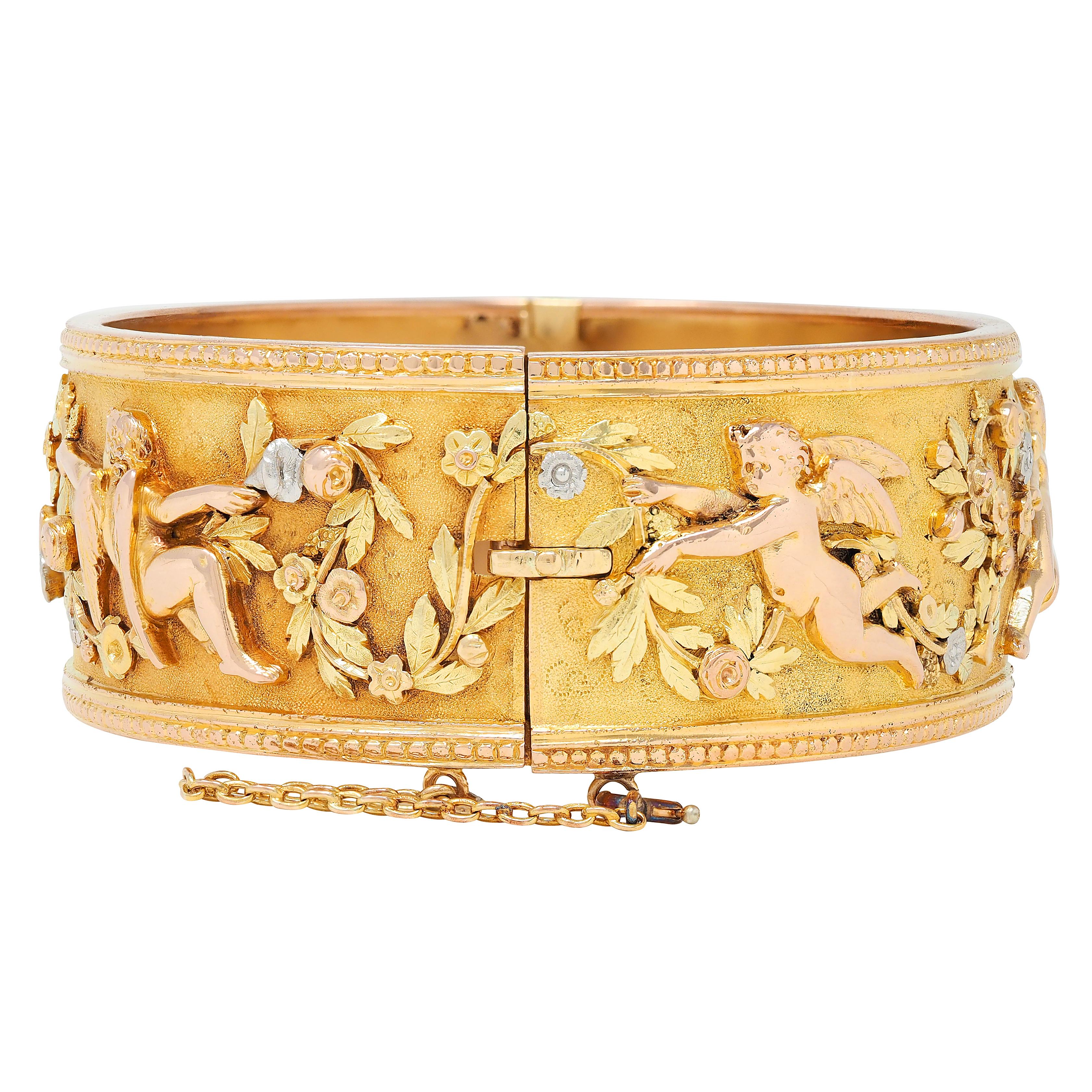 French Victorian 18 Karat Multi-Tone Gold Antique Floral Cherub Bangle Bracelet