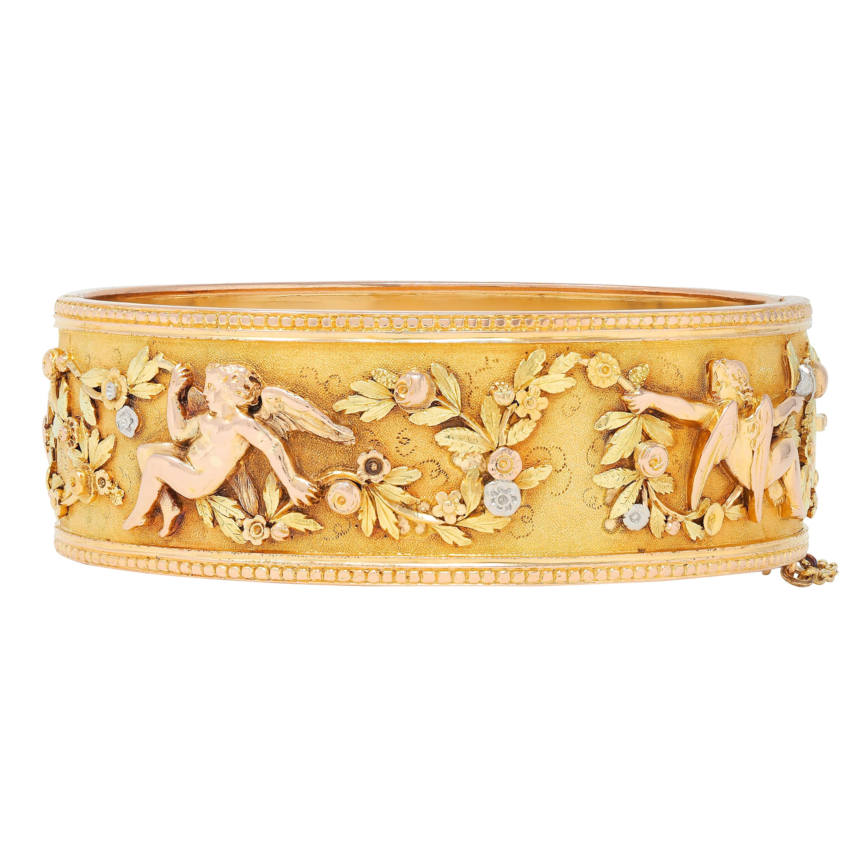 French Victorian 18 Karat Multi-Tone Gold Antique Floral Cherub Bangle Bracelet