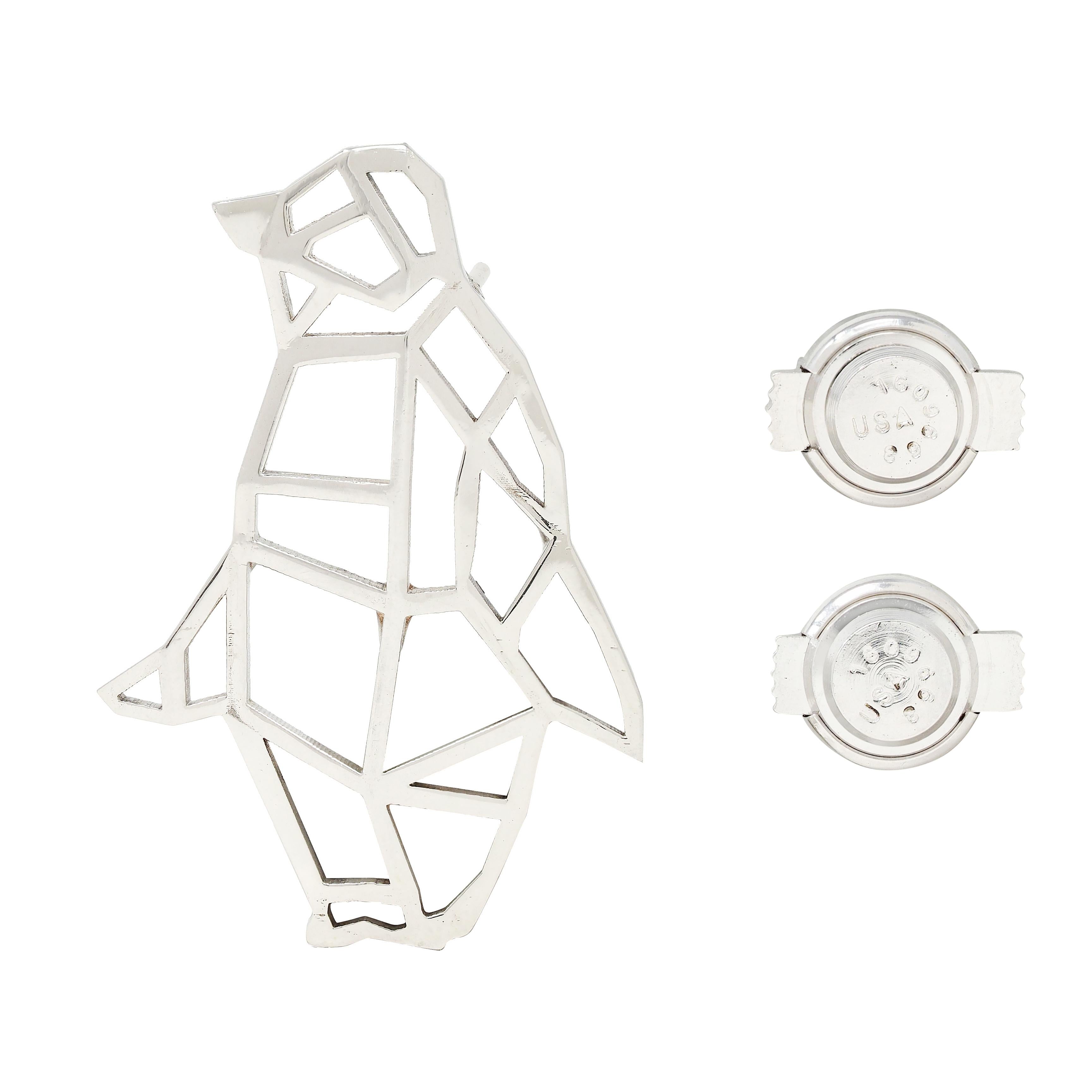 BRASH Platinum Faceted Geometric GEO Penguin Unisex Brooch Pin