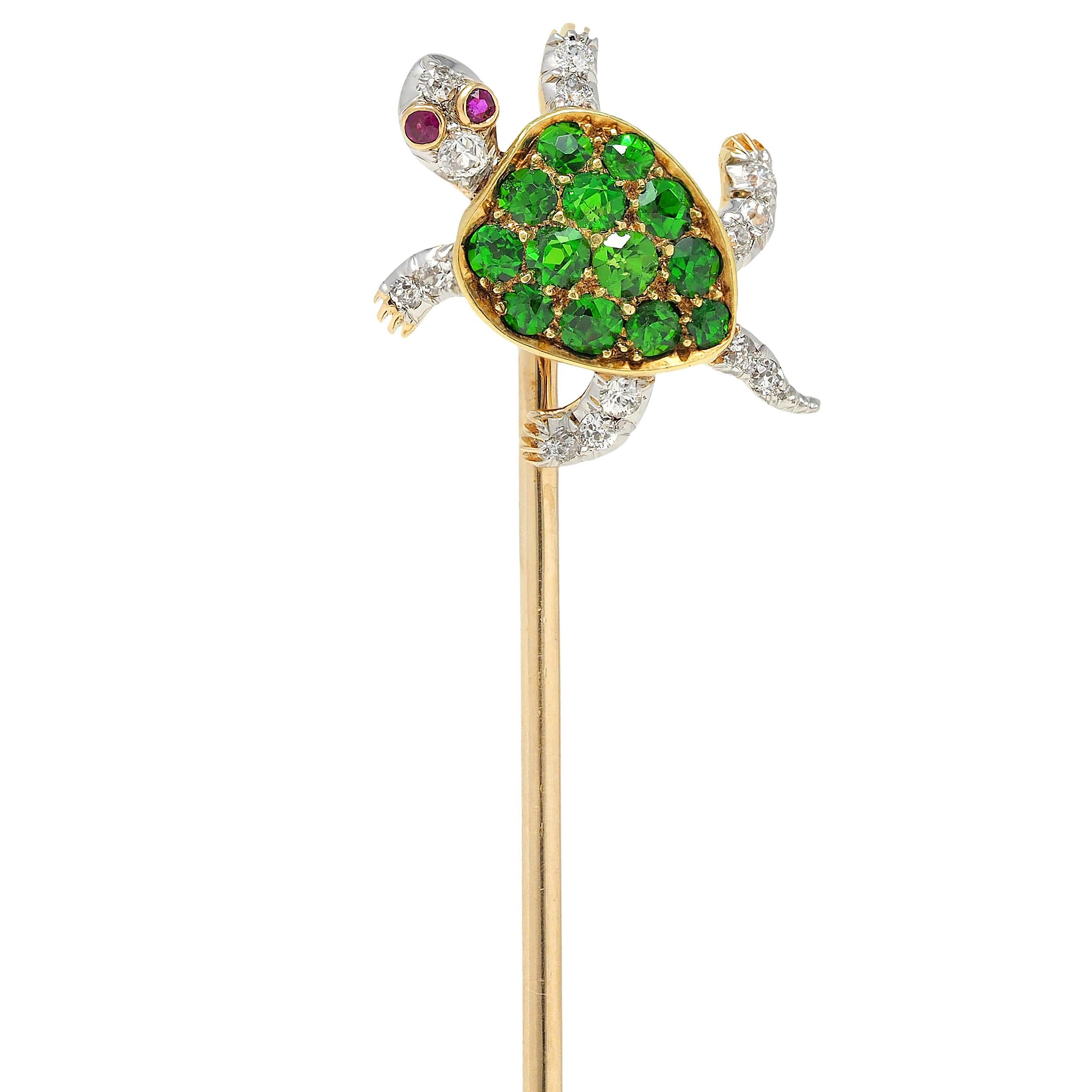 Tiffany & Co. Edwardian Demantoid Platinum 18K Gold Antique Turtle Stickpin