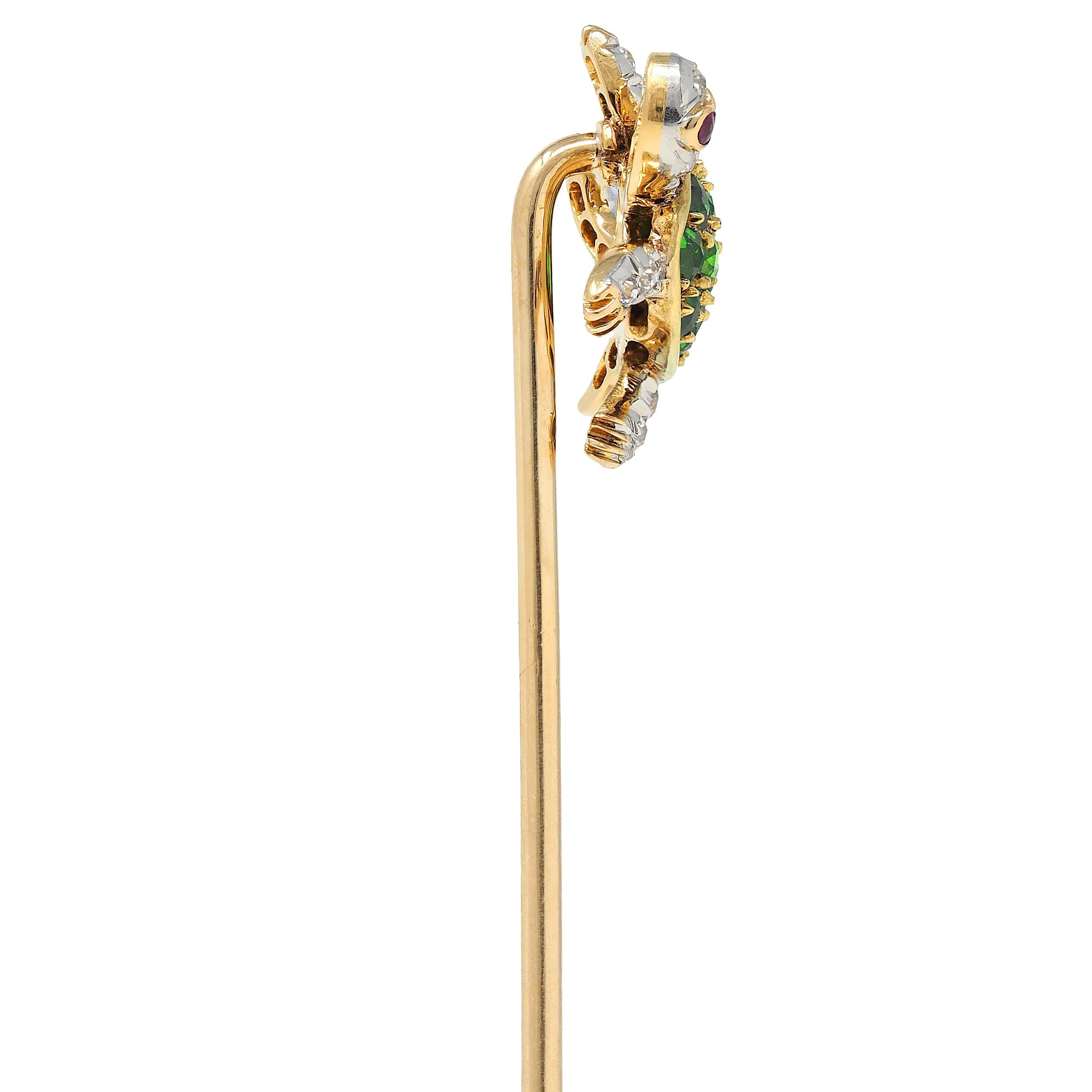 Tiffany & Co. Edwardian Demantoid Platinum 18K Gold Antique Turtle Stickpin