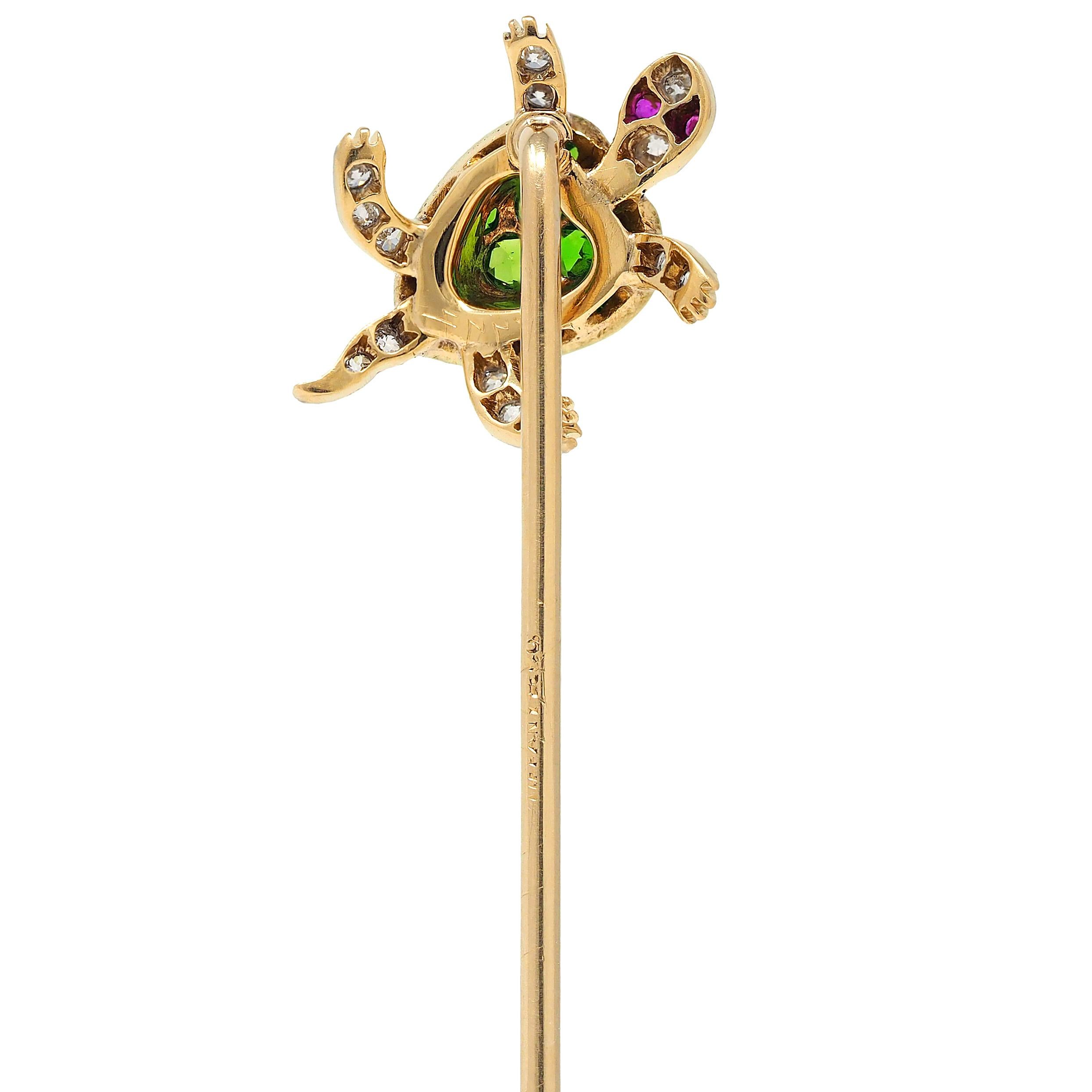 Tiffany & Co. Edwardian Demantoid Platinum 18K Gold Antique Turtle Stickpin
